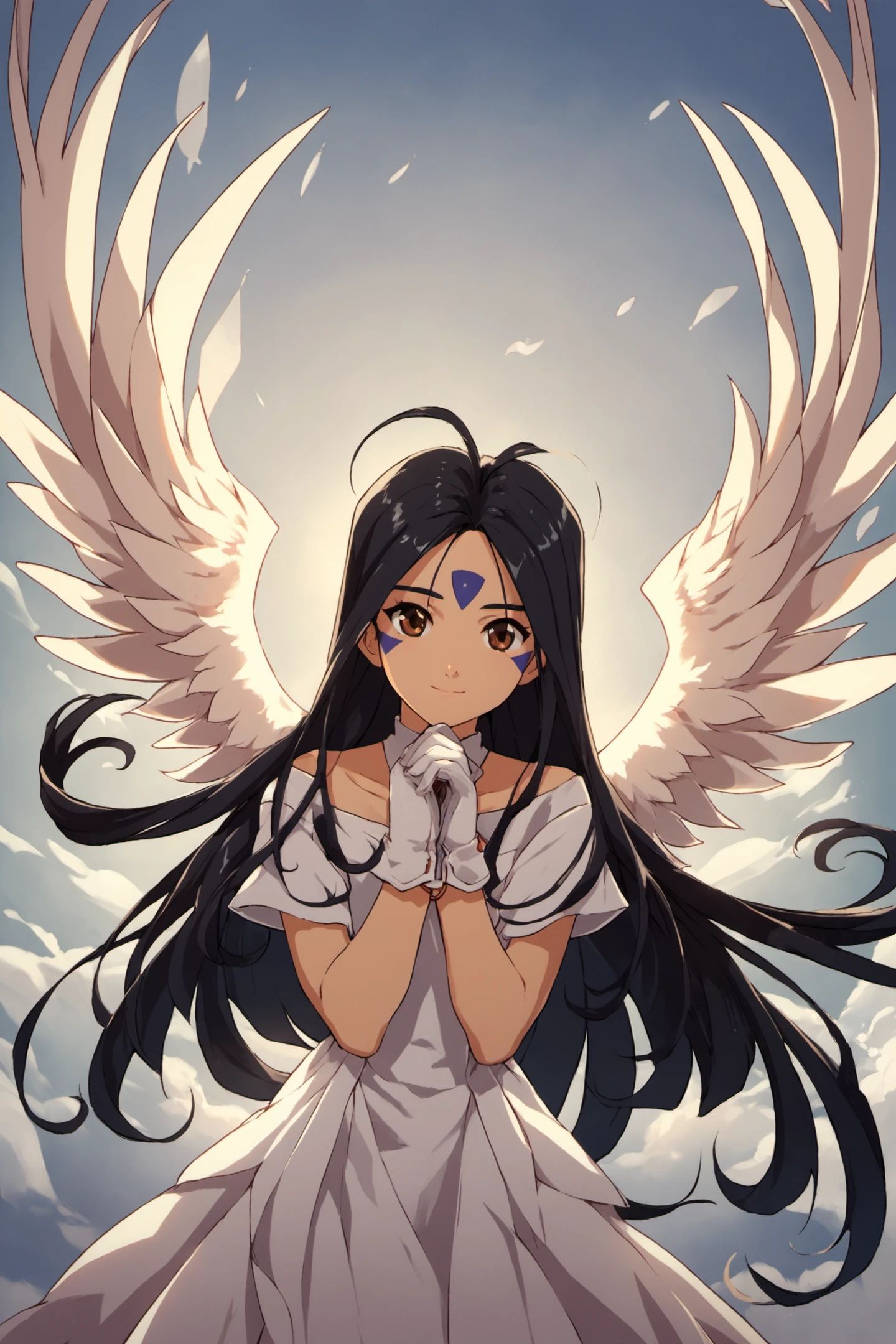 Skuld,1girl,solo,long hair,wings,black hair,gloves,facial mark,brown eyes,forehead mark,jewelry,white dress,own hands together,score_9,score_8_up,<lora:Kosuke Fujishima_XL_PONY_OM:0.9>,