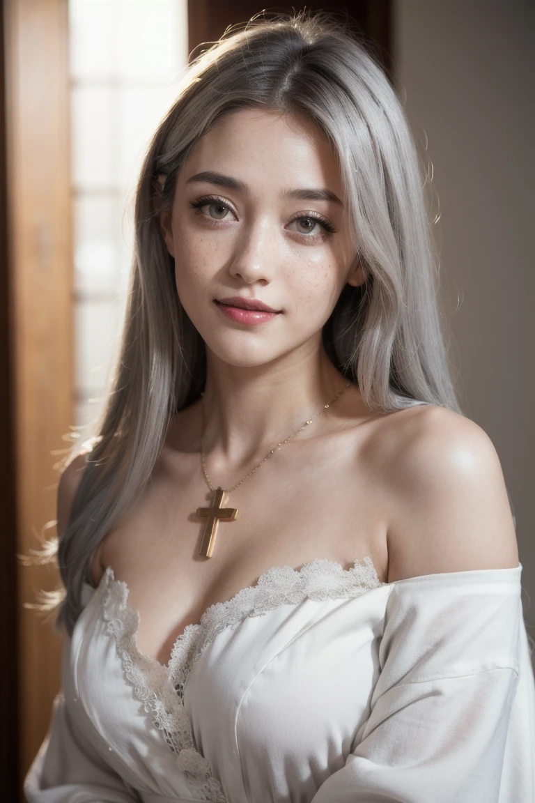 (masterpiece, best quality, high resolution:1.4), (dynamic angle), detailed background, casual photography, HDR, natural light, (anti-aliasing:1.2), elegant, soft scattered light, realistic proportions, limited palette, backlit, accent lighting, (neutral colors:1.3), cross process, cinematic lighting, coherent light, coherent shadows, full body, 1woman, cowboy shot, long hair, ((white hair)), solo, japanese clothes, ((white kimono)), silk kimono, jewelry, cross necklace, looking at viewer, Emmy Rossum, detailed face, detailed eyes, detailed skin, extremely detailed, intricate details, mature face, off shoulder, freckles, red lips, gradient hair, thin waist, slim, hourglass figure, (gray eyes:1.5), leaning forward, (seductive smile:1.2)