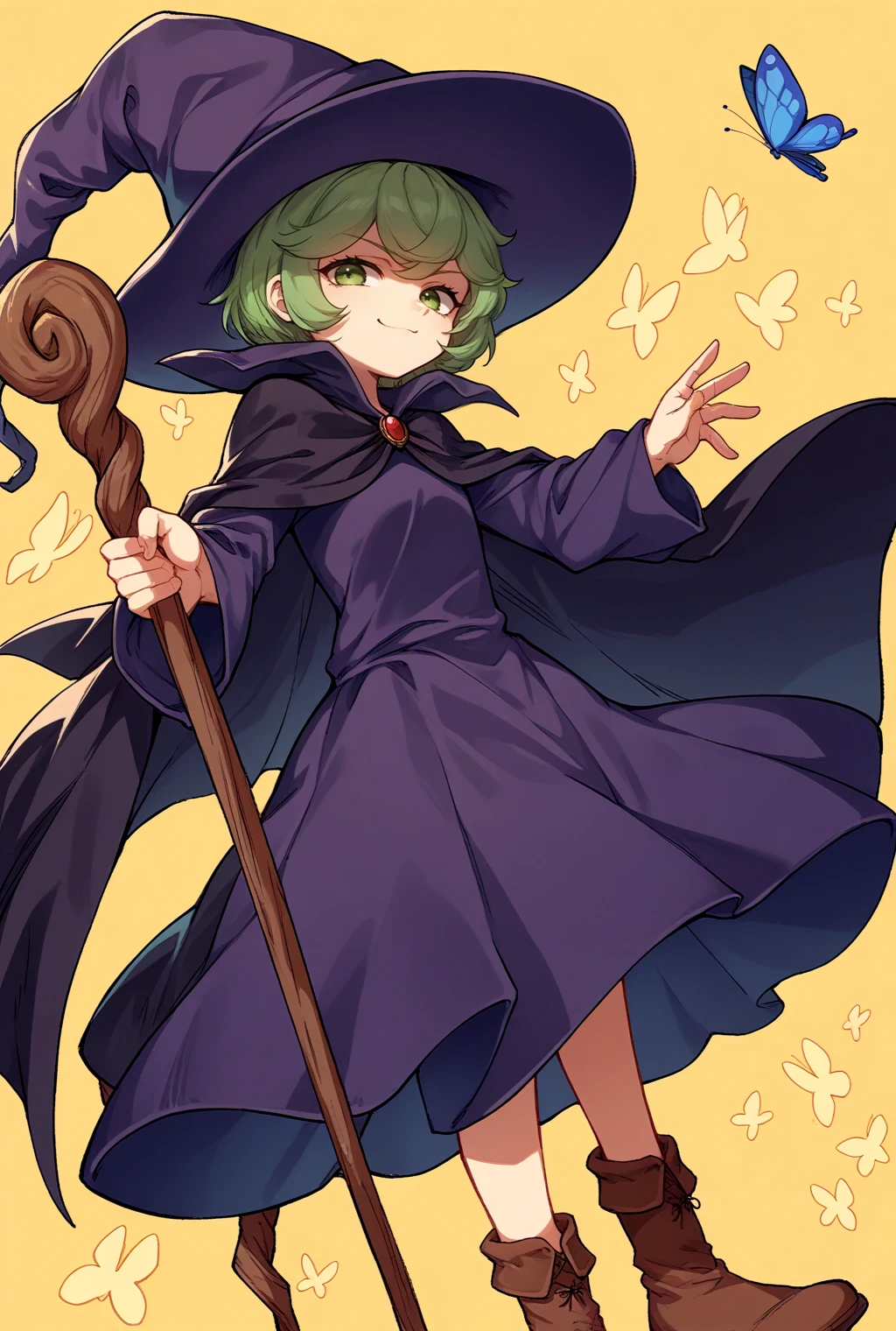 score_9, score_8_up, source_anime, looking at viewer, solo,
<lora:ShierkePdxlDwnsty:0.8>, green hair, short hair, witch hat, cape, dress,  robe, long sleeves, boots, brown footwear, brooch, holding staff, from side, smug, 
yellow background, abstract background, butterfly,