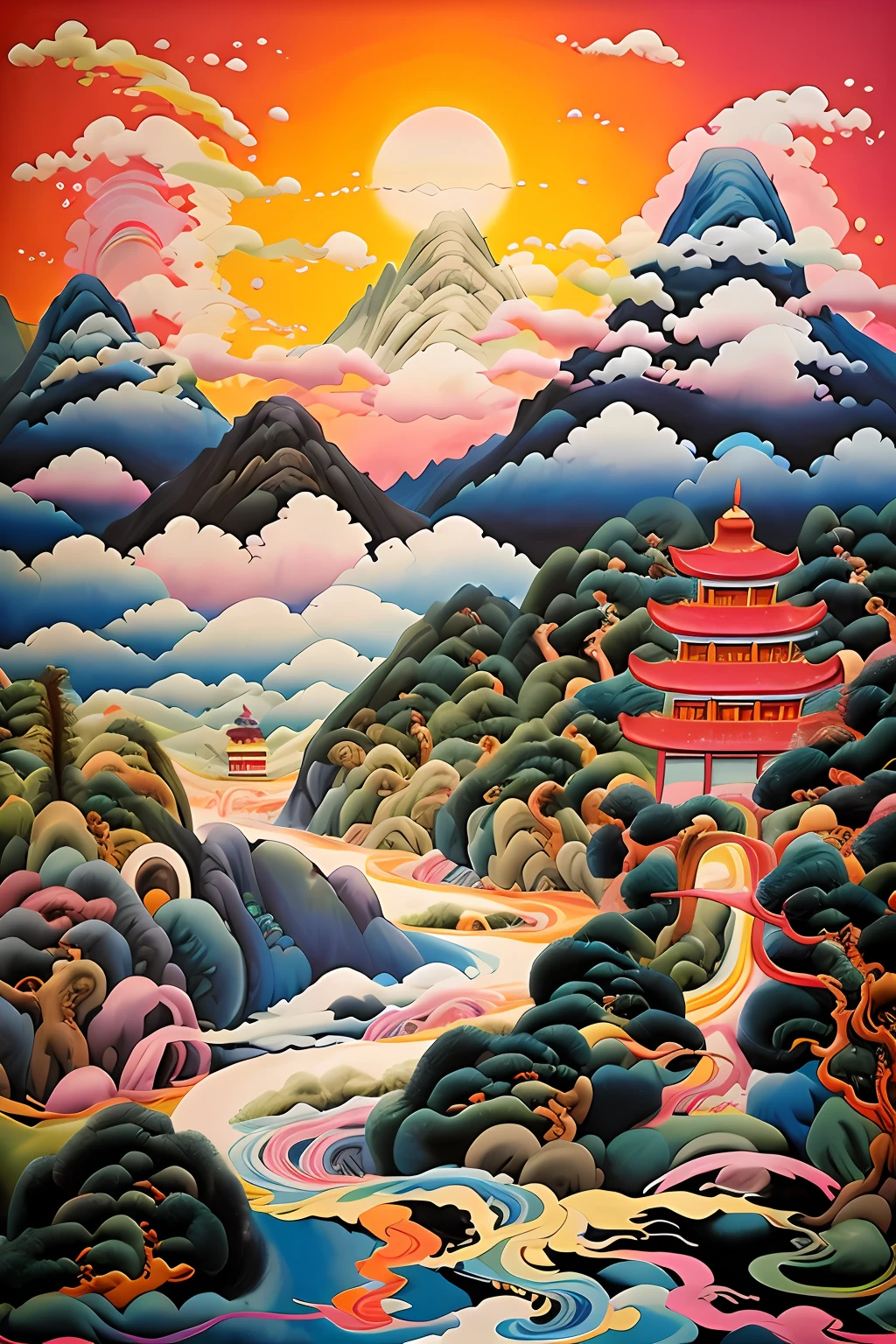 Chinese landscape painting, colorful moebius,a painting of a mountain landscape with a river and pagodas in the distance with a sunset in the background