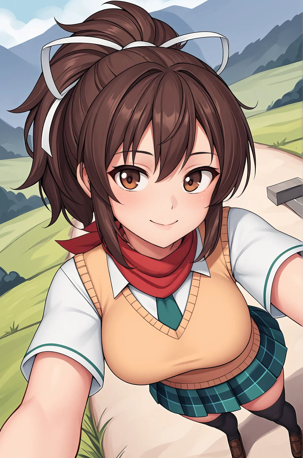 anime artwork score_9, score_8_up, score_7_up, score_6_up, score_5_up, score_4_up, source_anime, BREAK, thick outline, fat outline,
Asuka_XL, brown eyes, brown hair, ponytail, white ribbon, red scarf, large breasts, BREAK, asuka_shinobi_outfit, sweater vest, black thighhighs, necktie, plaid skirt, loafers, BREAK, selfie, from above, mountains
<lora:Asuka_XL:0.7>
<lora:PersonalAmi_PonyXL:1.0>
