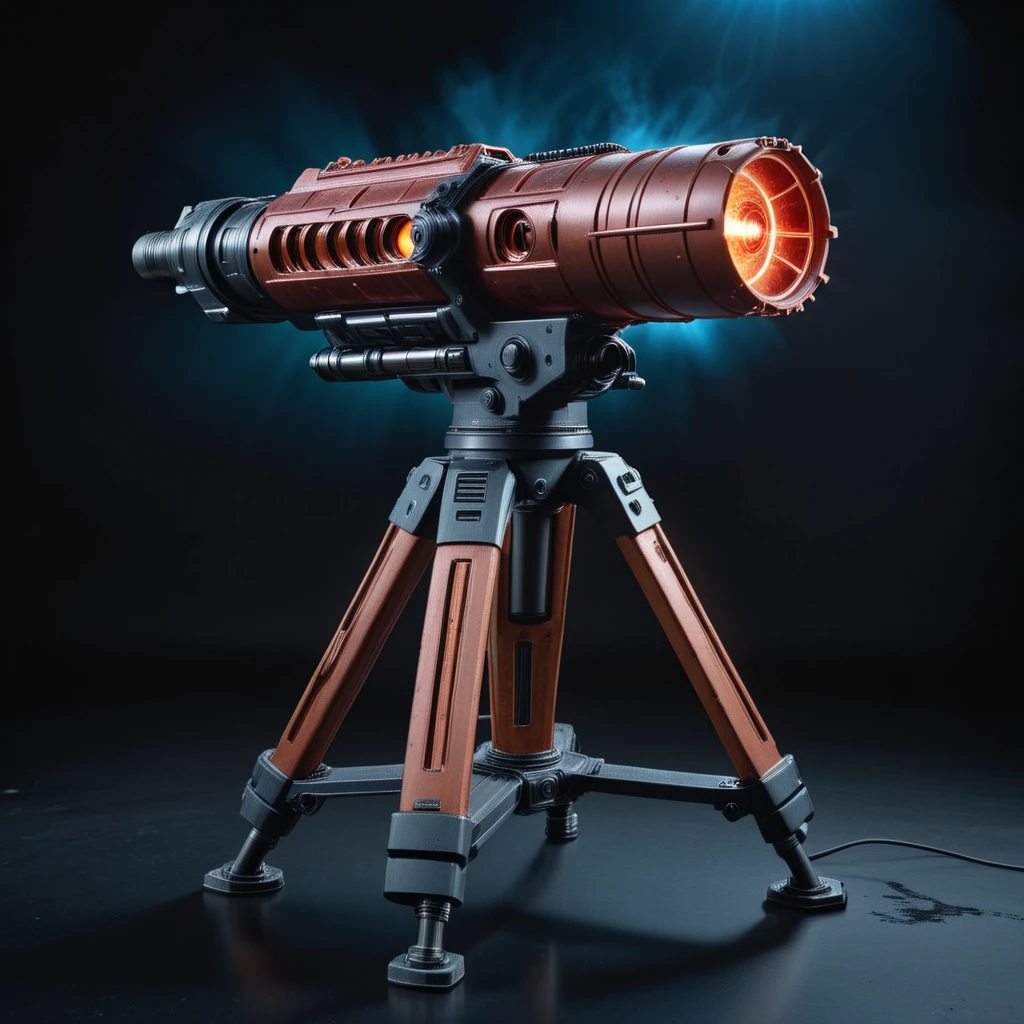 photo focus on military heavy weapon gatling plasma laser ,  view, with tripod stand, boxy design, from above, science fiction, glowing cyberpunk, translucent, <lora:IteMaker-v1e3:1>, black background, red theme  , film, professional, 4k, highly detailed, grit, (rust:0.65), cracks, cracked surface, subtle messy, dust, weary, edges rusty dusty, surface scratches, peeled sun bleeched paint, smudges, crumbles, rugged, used