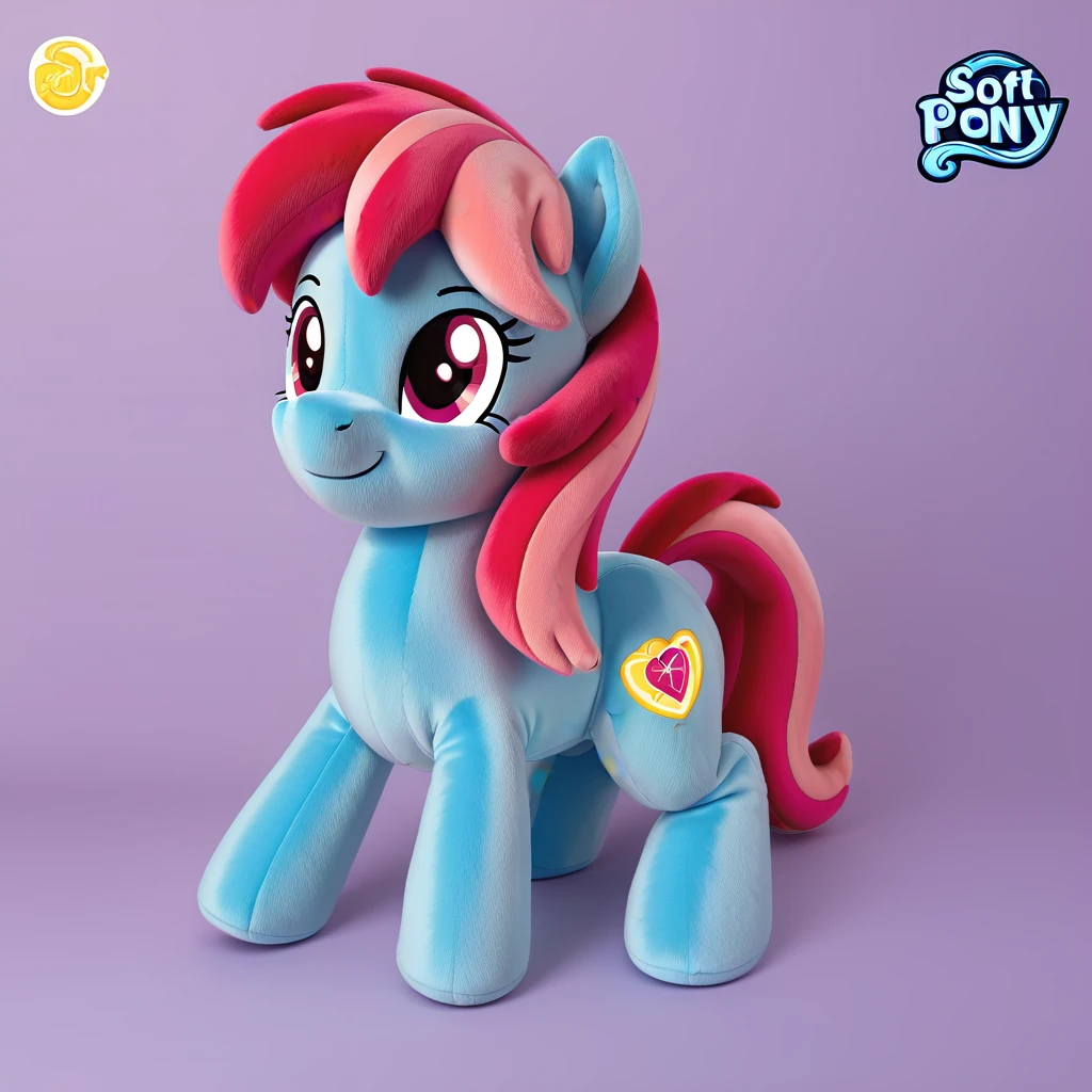 (soft pony text logo:2.3), rating_sfw, source_CUTE, product cover image, featuring a large, plush pony toy (1animal, oversized, fluffy, pastel-colored) in the center, this plush toy exhibits an ultra-soft texture and a welcoming, relaxed posture, showcasing big, sparkling eyes full of warmth, set against a cozy, dimly lit background to highlight comfort, surrounded by smaller plush toys to emphasize the "XL" size, the surrounding ambiance is adorned with magical elements like twinkling stars and soft clouds, reinforcing the plush toy's enchanting appeal, the text logo is styled, in a whimsical, rounded font, colored in soft pastels to match the pony, with playful decorations such as hearts or stars around it to amplify the product's enchanting and comforting nature, soft pony