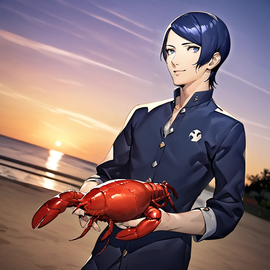 1boy, kitagawa yuusuke, holding a lobster, sunset, masterpiece, best quality, newest, persona, soejima shigenori <lora:persona_xl_a31_c-000002:1>