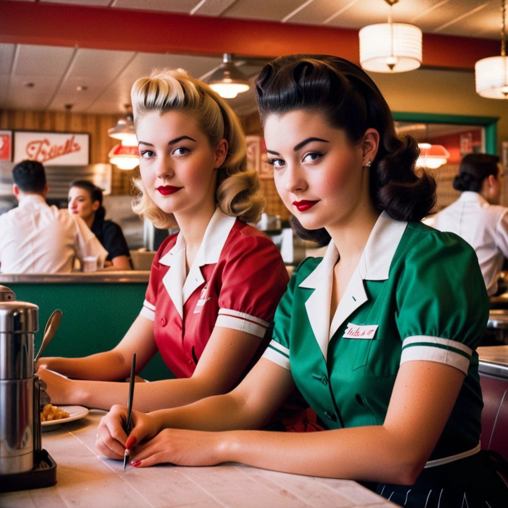 film photograph of  beautiful young women working at a diner and wearing 50's style uniforms, twin peaks style , film grain, grainy, sharp, cinematic  <lora:Twin_Peaks:1>