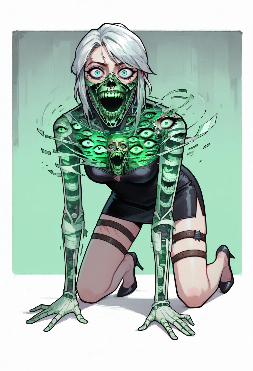 score_9, score_8_up, score_7_up, 1girl, ciri, scar across eye, long strapless dress, high heels, thigh strap, crazy eyes, all fours, simple background, brass background, <lora:ghostglitch-civit:1> ghostglitch, skeleton, extra eyes, teeth