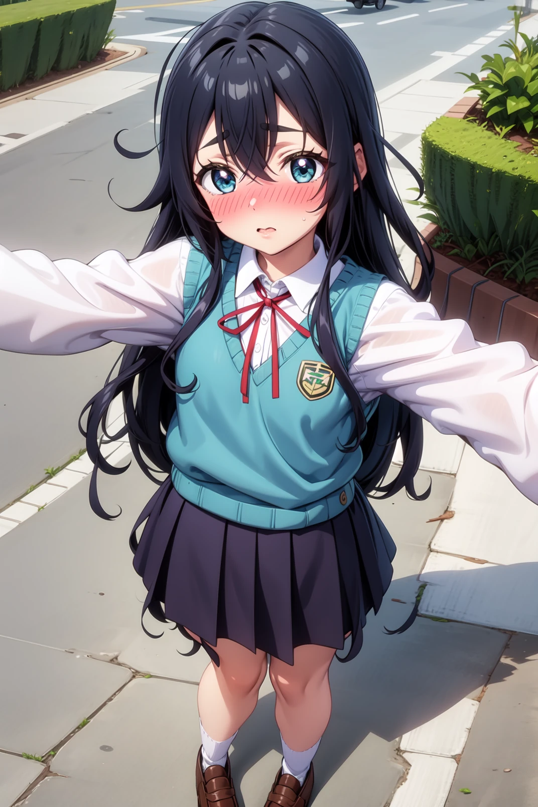 solo, masterpiece, best quality, outdoors, city, standing, (blush:1.3), small breasts, smile, closed mouth, shizuka, blue eyes, black hair, long hair, very long hair, hair between eyes, messy hair, school uniform, sweater vest, white shirt, long sleeves, armband, neck ribbon, red ribbon, skirt, white socks, loafers, brown footwear, cowboy shot, thighs, full body, from above, selfie, outstretched arms