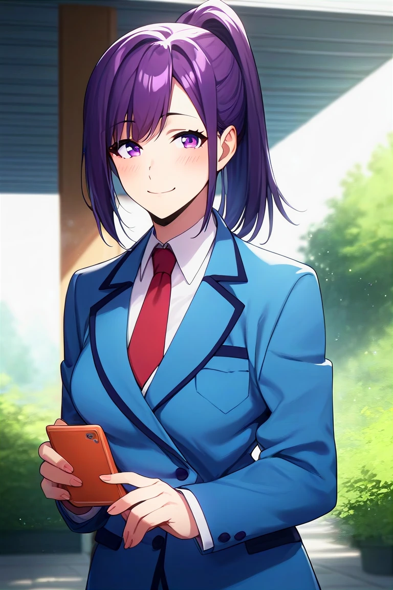 score_9, score_8_up, score_7_up, score_6_up, score_5_up, score_4_up, rating_questionable, , source_anime, digital illustration, pixiv, fanbox, uncensored, , BREAK, official art,
1girl, solo, female, sung jinah, purple eyes, purple hair, ponytail, sidelocks, medium breasts,
school uniform, blue blazer, red tie, light smile, outdoors, blush, cowboy shot, looking at viewer, <lora:Sung_Jinah-10:0.9>
