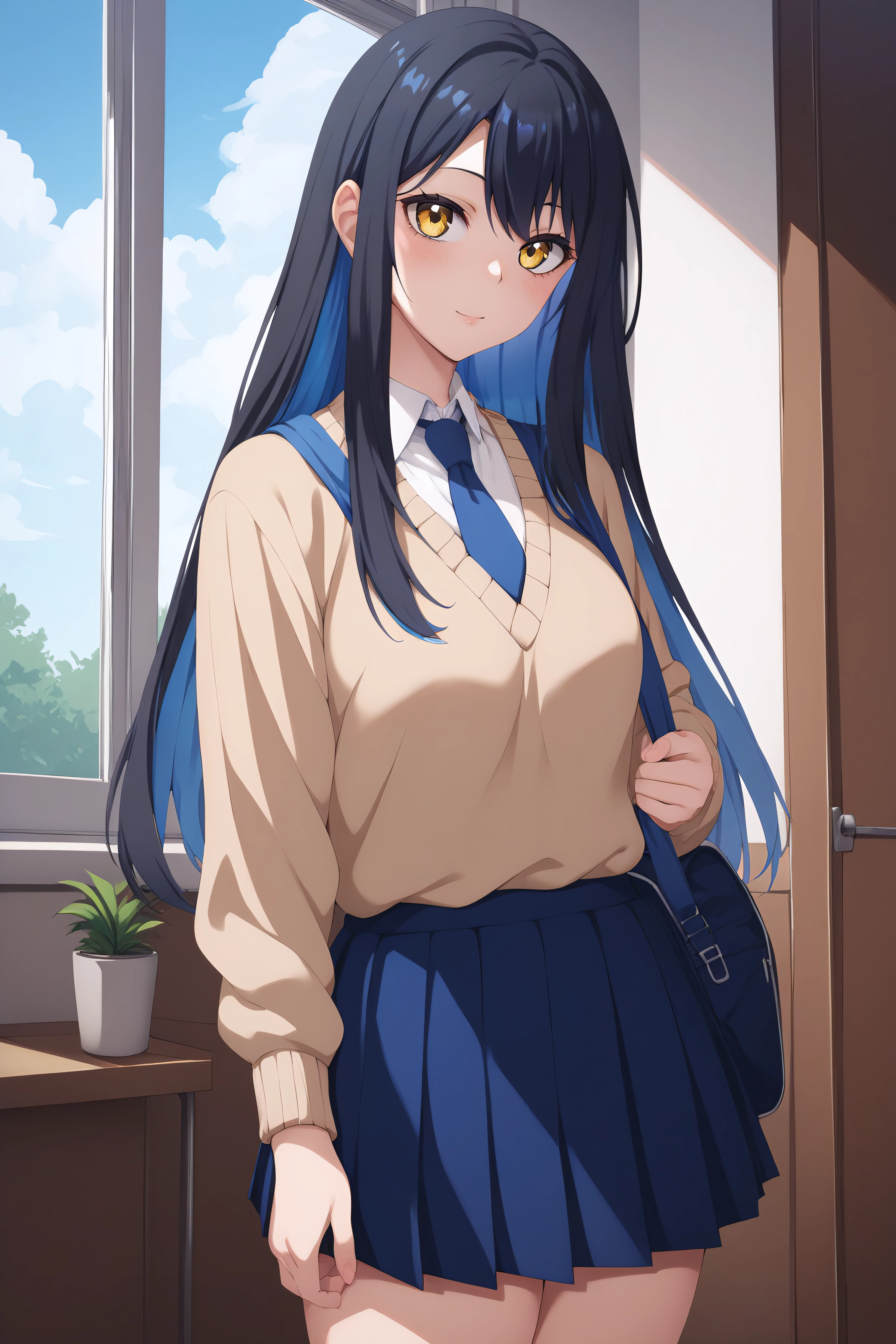 score_9, score_8_up, score_7_up, score_6_up, score_5_up, score_4_up, BREAK source_anime, <lora:miko yotsuya-PonyXL:0.8> miko yotsuya, yellow eyes, black hair, blue hair, multicolored hair, long hair, blue pleated skirt, beige sweater, blue necktie,