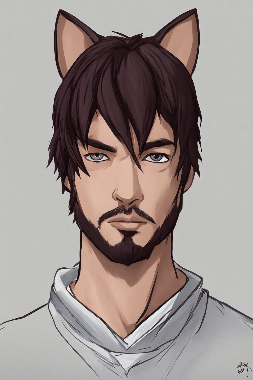 (masterpiece, best_quality), 1boy, animal ears, beard, cat ears, facial hair, brown eyes, shirtless, kilt, red hair, shiny skin, detailed eyes, long hair, necklace, male focus, solo, wind swept hair, celtic background, straight on, looking at viewer, comic book art, outdoors, best illustration, specular highlights, cinematic lighting