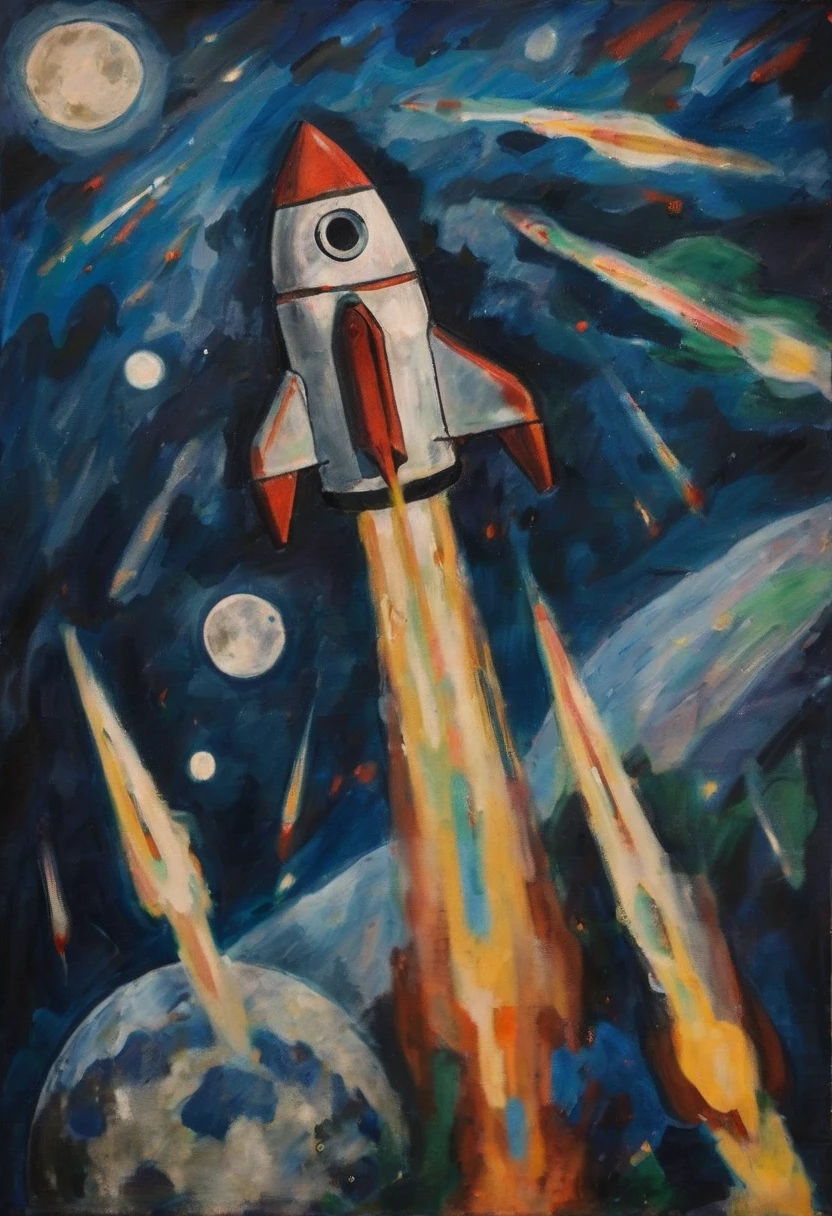 expressionist painting of a rocket ship blasting off from the moon with the earth in the black sky of empty space