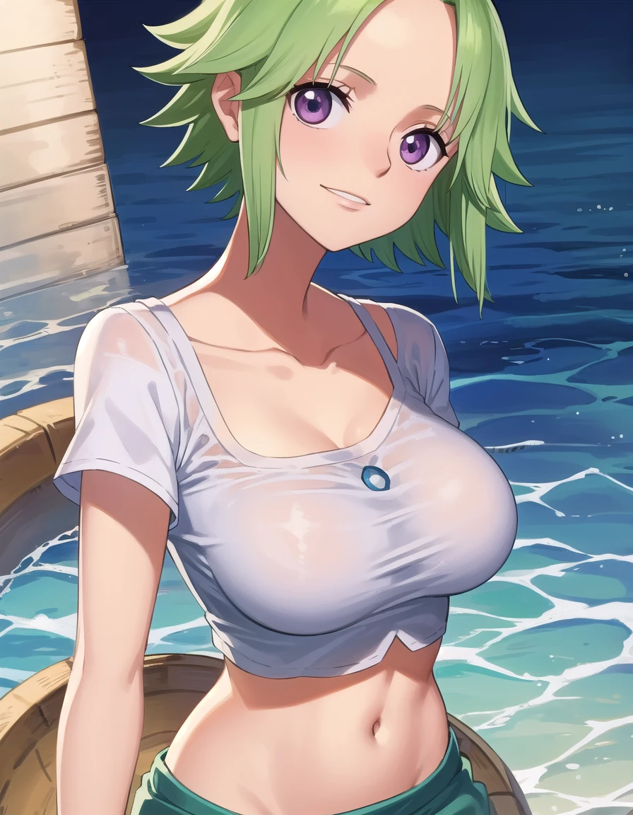 1girls, , paizuri, 1boy, , , , closed angle,  boob, girlfriend asking for titfuck, white bikini, beach, , green hair, blue eyes, , brea squeeze together, wet penis, lubricated breasts, pubic hair, , short hair, penis slipped out from the breasts