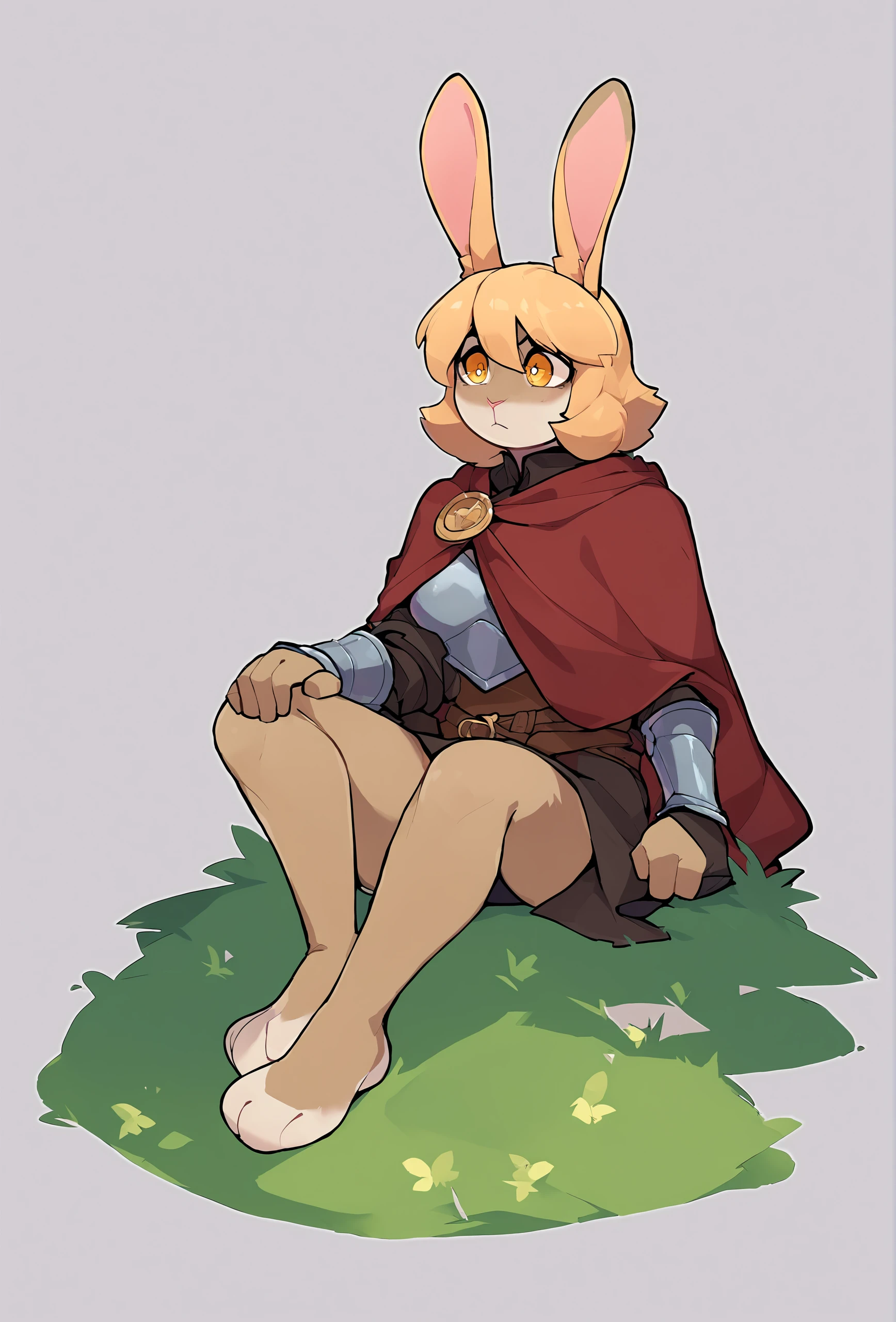 score_9, score_8_up, score_7_up, score_6_up, score_5_up, score_4_up, nature, source_furry, two-tone background, grass BREAK
<lora:softhanten_style_ponyxl_v1_resized:1> softhantenstyle, 1girl, solo, rabbit girl, furry, amber eyes, medium hair,armor, cape, sitting, barefoot, rabbit paws