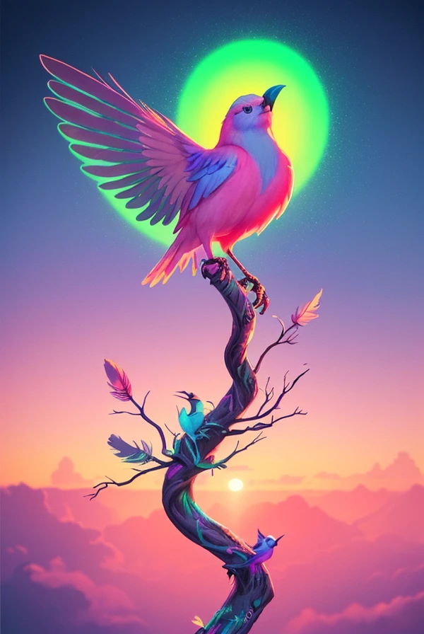 breathtaking  . award-winning, professional, highly detailed, sunset  animal   (Vibrant neon colors)    , animal  (Artistic style)  (Whimsically artistic) perched on ar branch, ethereal bird with feathers of iridescent hues,  pastel tones pinks, mauves, and soft blues, 
Fantasy style, fantasy dreamlike art, vivid color, 3d animation,