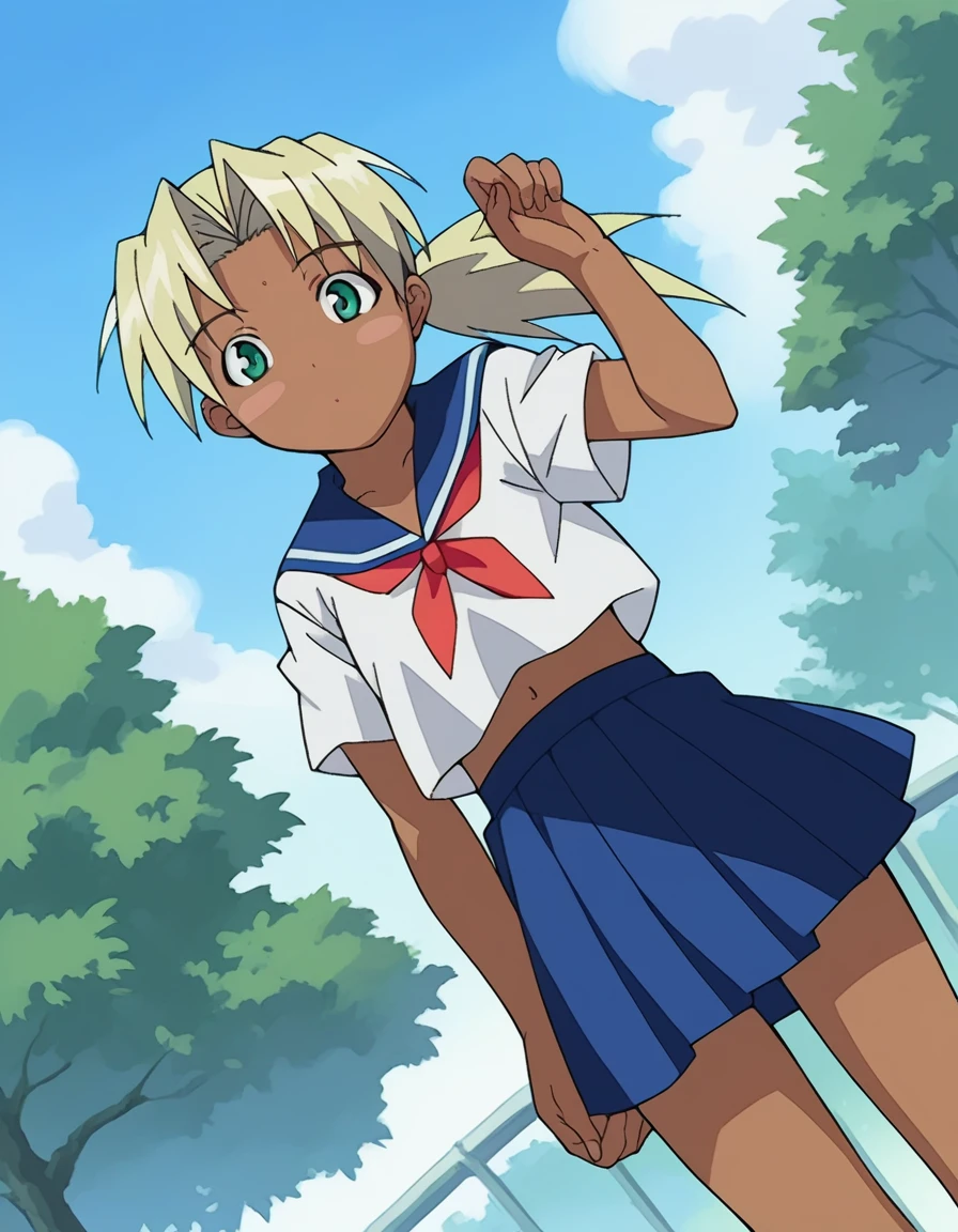 score_9, score_8_superior, score_7_superior, sauce_anime,
1girl,1boy,solo,Chaorus, Lost in the Sun, Blonde Hair, Green Eyes, Dark Skin, Woman with dark skin, Brush Sticker, ponytail,
skirt, belly button, , serafuku, abdomen, blue skirt, pleated skirt,room,Dutch Angle, Cowboy Shot,panty,(vaginal sex:1.3),