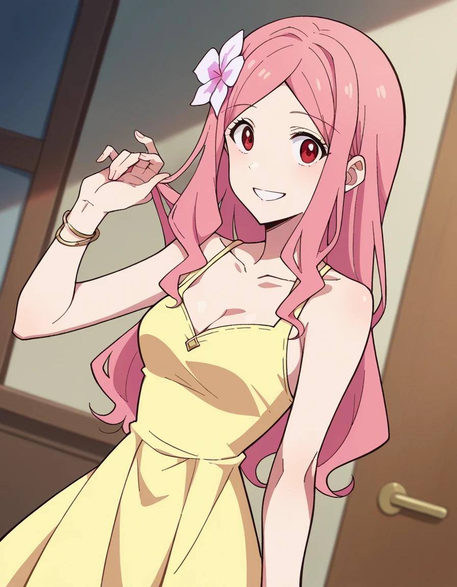 score_9, score_8_up, score_7_up, source_anime,
mememehana, <lora:mememe-hana-ponyxl-lora-nochekaiser:1>,
hana, long hair, hair ornament, pink hair, red eyes, flower, hair flower, smile,
dress, cleavage, jewelry, collarbone, sleeveless, bracelet, sleeveless dress, yellow dress,
indoors,
looking at viewer, cowboy shot, dutch angle,