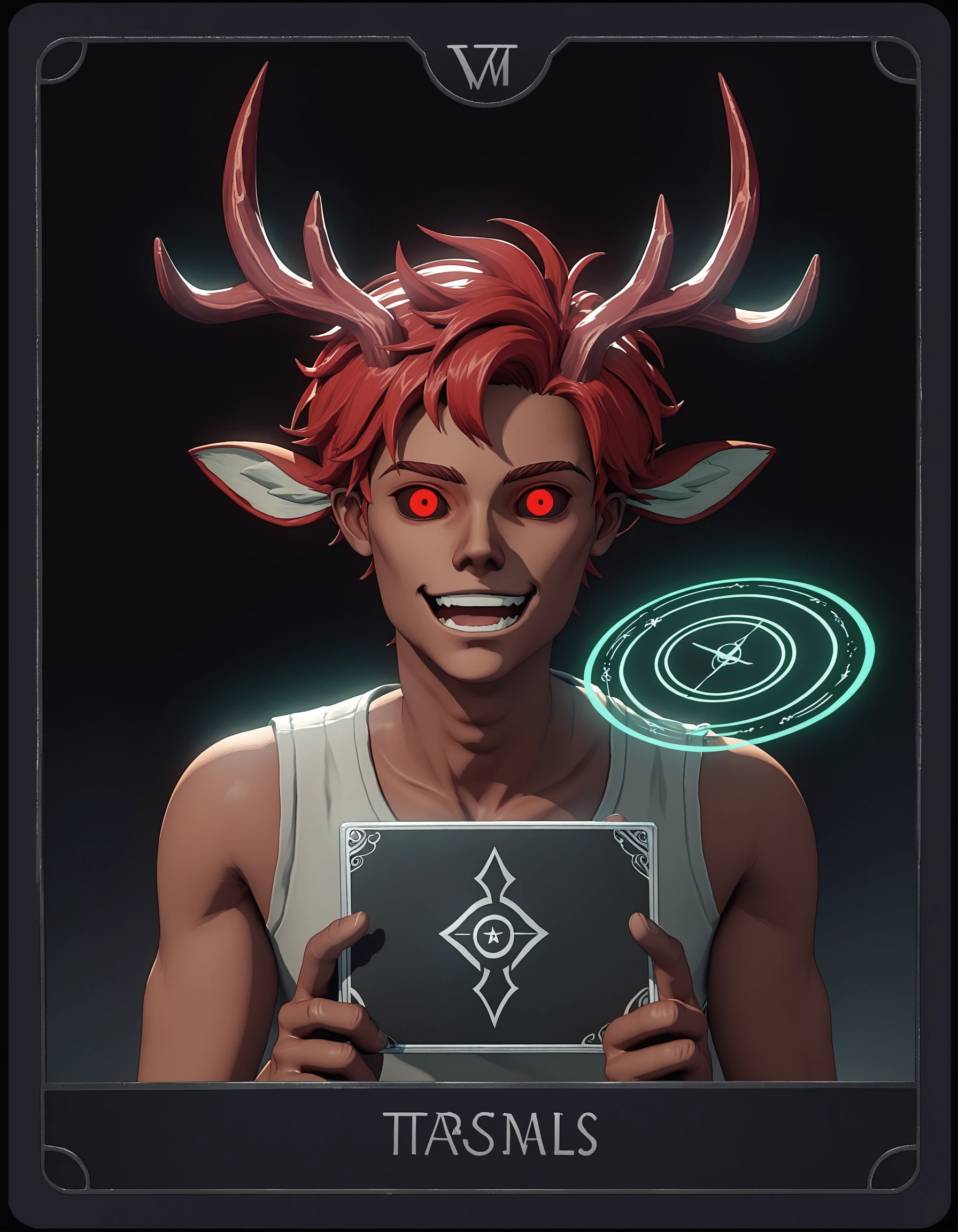 score_9, score_8_up, score_7_up, score_6_up, score_5_up, score_4_up, TarotCard Style, source_cartoon, Pink deer horned man staring at the screen, looking at viewer, 1 boy, male focus, tan skin, tan skinned male, wide eyes, crazed, wide grin, open mouth, green magic, alchemy symbols, glowing eyes, red eyes, black sclera, red hair, deer horns, fox ears, animal ears, glowing, retro art style, card border, roman numerals, Tarot Card, bevel, 3D, gold and black border, holographic <lora:Tarot-CardPonyXL:0.8>