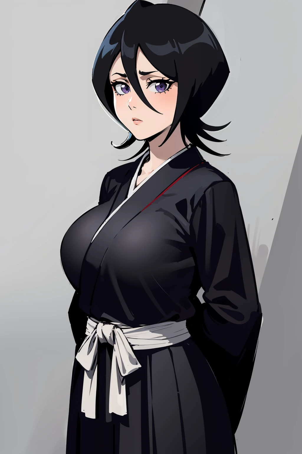 masterpiece,high quality,highres,1girl,solo,<lora:rukia-v1-wasabiya:1>,krukia,black hair,short hair,hair between eyes,purple eyes,large breasts,black kimono,sash,grey background,black hakama,arms behind back,