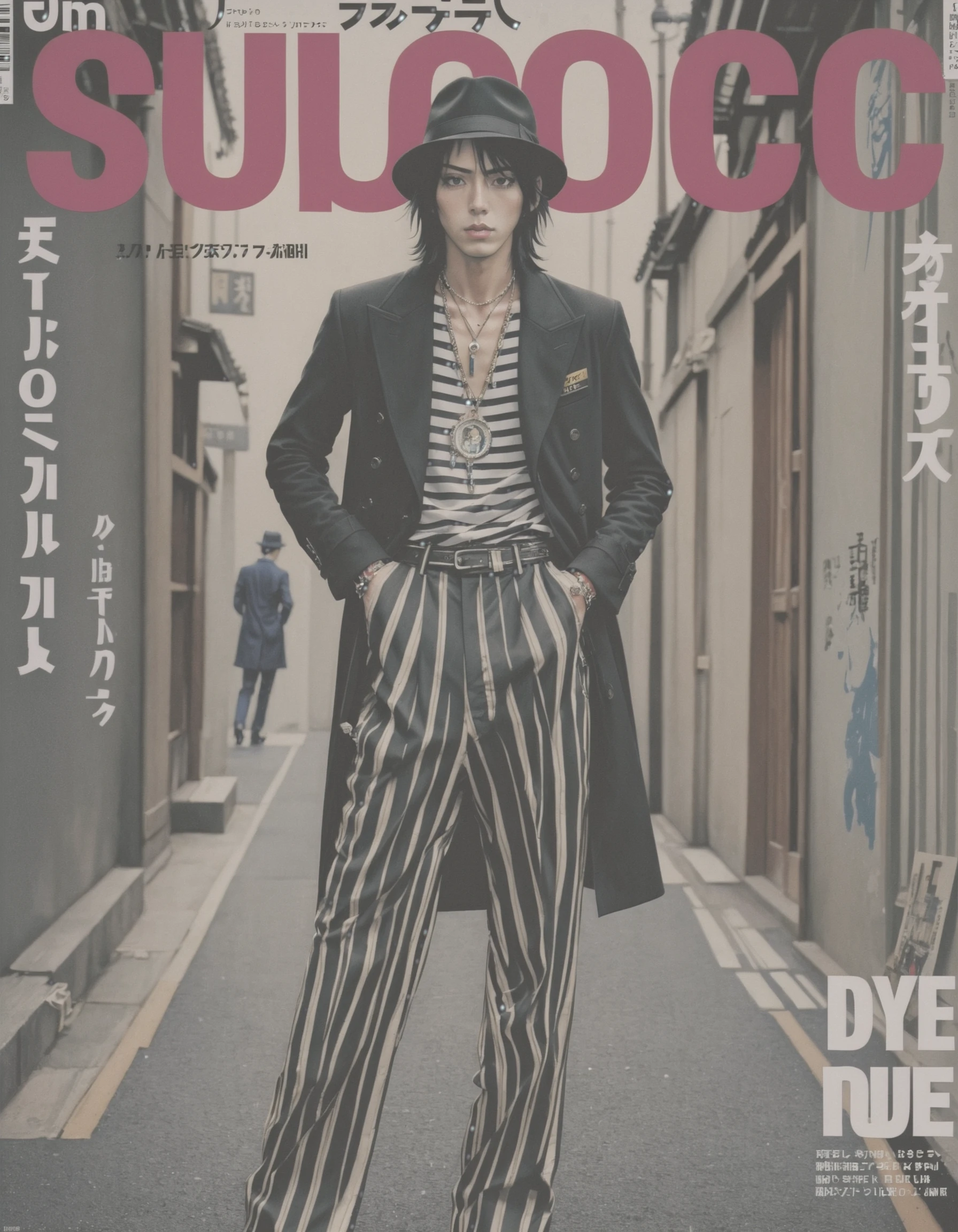 Japanese Music Magazine Style, 1boy, black hair, coat, cover, english text, fake cover, fashion, hat, jacket, jewelry, long sleeves, magazine cover, male focus, necklace, pants, parted lips, realistic, shirt, solo, striped, striped pants, <lora:NihonMagStyleXL:0.5>