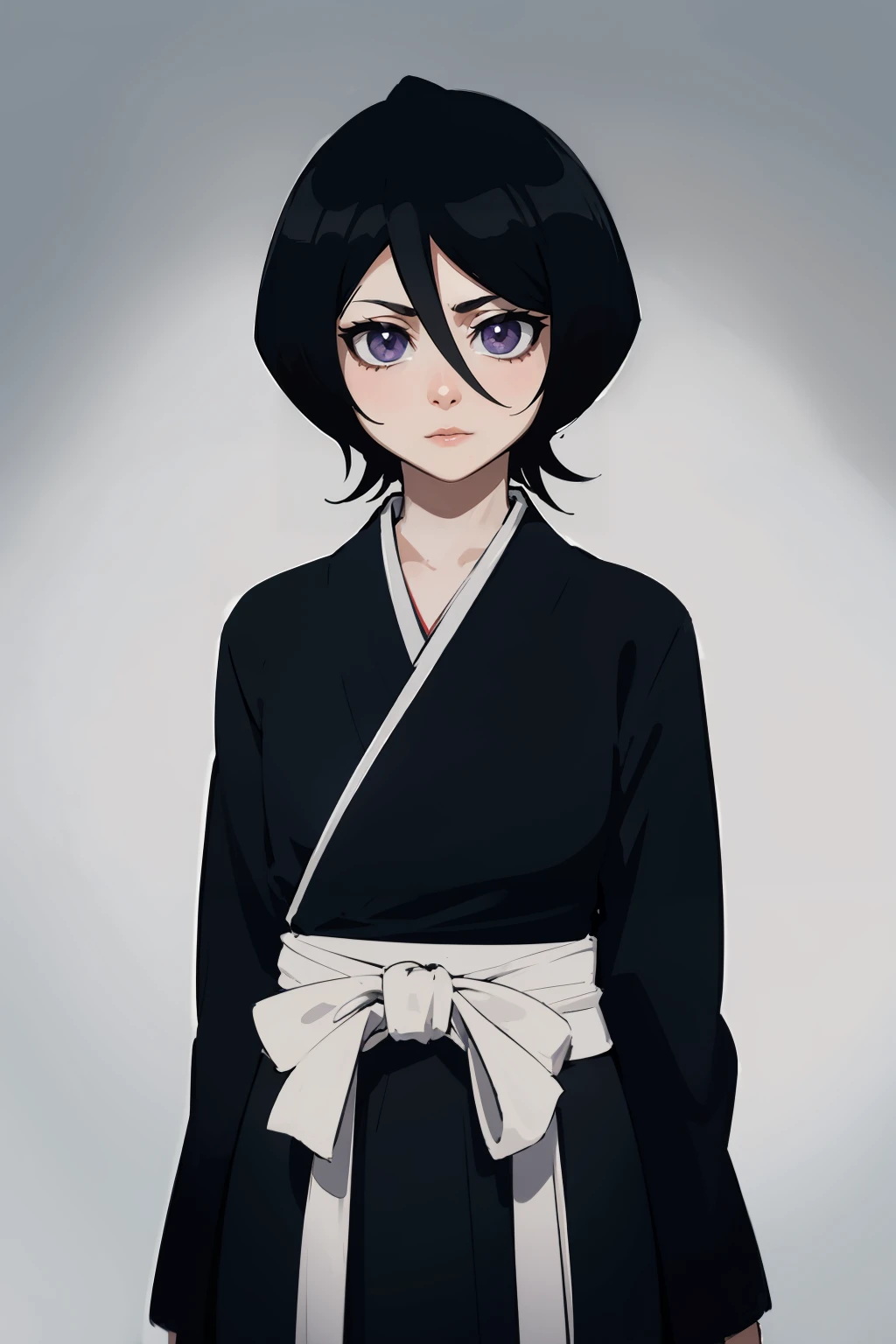 masterpiece,high quality,highres,1girl,solo,<lora:rukia-v2-wasabiya:1>,krukia,black hair,short hair,purple eyes,hair between eyes,black kimono,sash,black hakama,arms behind back,