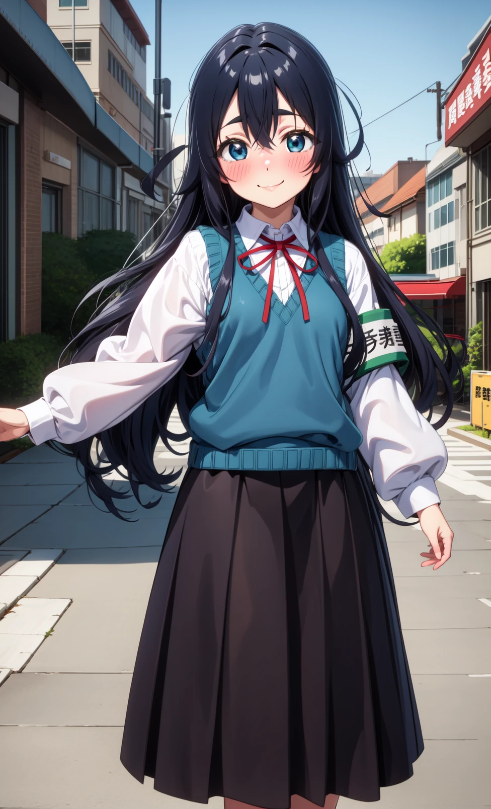 solo, masterpiece, best quality, outdoors, street, blush, small breasts, smile, closed mouth, shizuka, blue eyes, black hair, long hair, very long hair, hair between eyes, messy hair, school uniform, sweater vest, white shirt, long sleeves, armband, neck ribbon, red ribbon, skirt, white socks, loafers, brown footwear