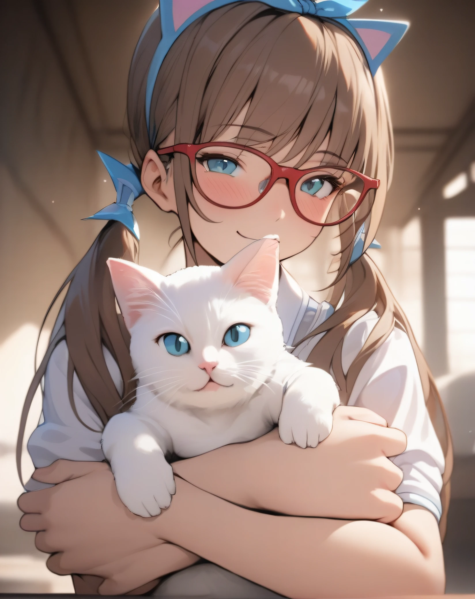 (masterpiece,best quality,ultra sharp focus), 1girl,solo,long hair,smile,blue eyes,brown hair,holding,twintails,hairband,glasses,animal,cat,red-framed eyewear,holding animal,holding cat,makinami mari illustrious <lora:Mari:0.7>
