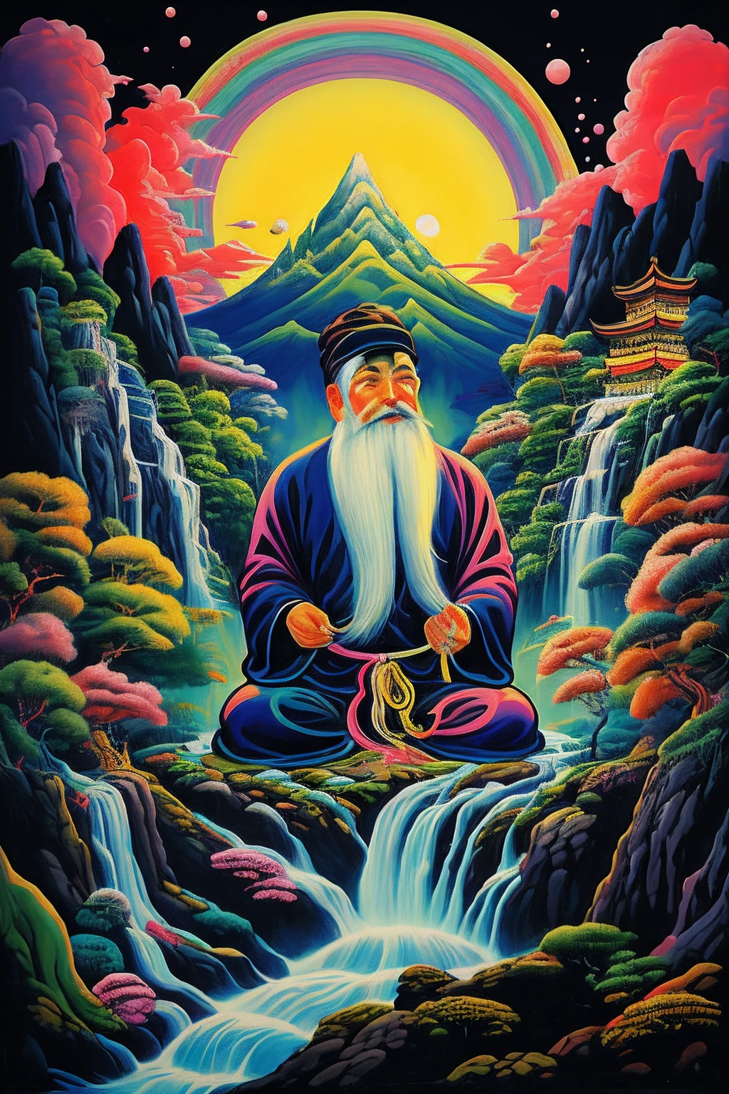 a painting of a man sitting in a river with a mountain in the background and a waterfall in the foreground,Chinese landscape painting,a map with Chinese Lushan Mountain, waterfalls,futuristic psychedelia, colorful moebius, romanticized nostalgia, bright colors,