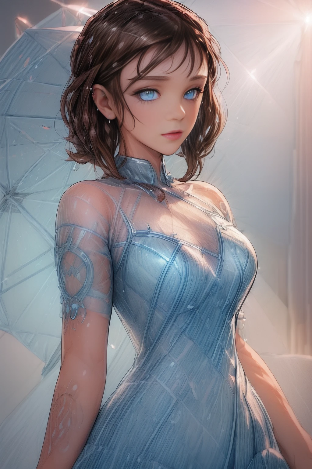 <lora:WaterDropsWorld:1.0> WaterDropsWorld 1woman (brunette:1.6) (punk tattoo, dress:1.3) walking in the (white light cyber city:1.2), <lora:more_details:1>