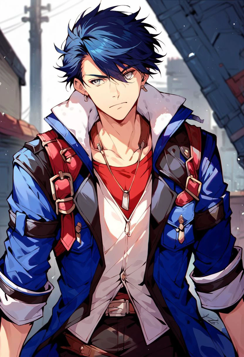 (score_9, score_8_up:1.1), score_7_up, 1boy, solo, van arkride, blue hair, black hair, gray eyes, blue coat, white vest, red shirt, belts, dark pants,