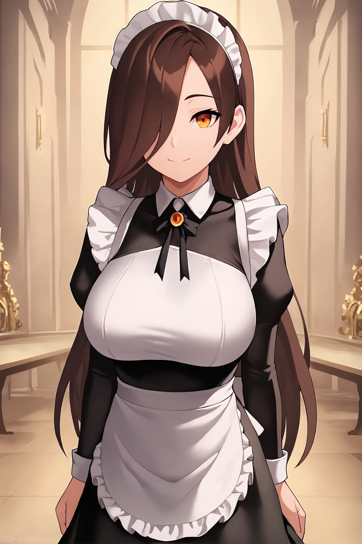 score_9,
<lora:grimgrim_v1_pruned:1>,
large breasts,
maid, smile,
long hair, brown hair, amber eyes, hair over one eye,
cowboy shot, looking at viewer,
rating_safe,
high resolution, Masterpiece