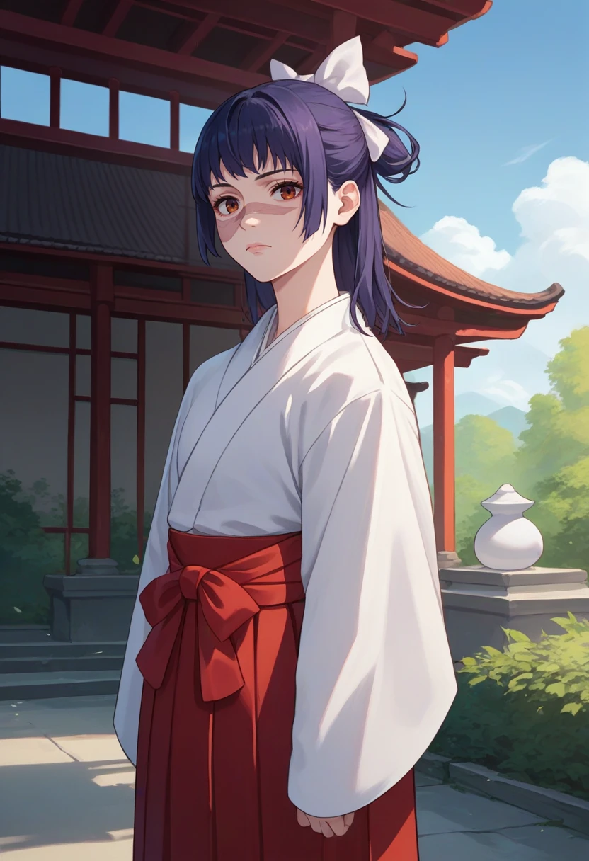 score_9, score_8_up, score_7_up, source_anime, solo, 1girl, ioricurrent, expressionless, looking at viewer, standing, scar, hair bow, japanese clothes, white kimono, red hakama, outdoors, east asian architecture <lora:jjk_iori_ponyXL:1>
