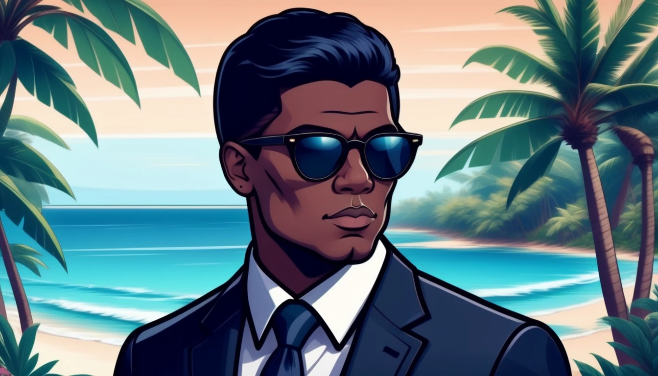ArcherRay, Tamahome, wearing a black business suit, sunglasses, tropical beach background, (thick outline:1.2)
