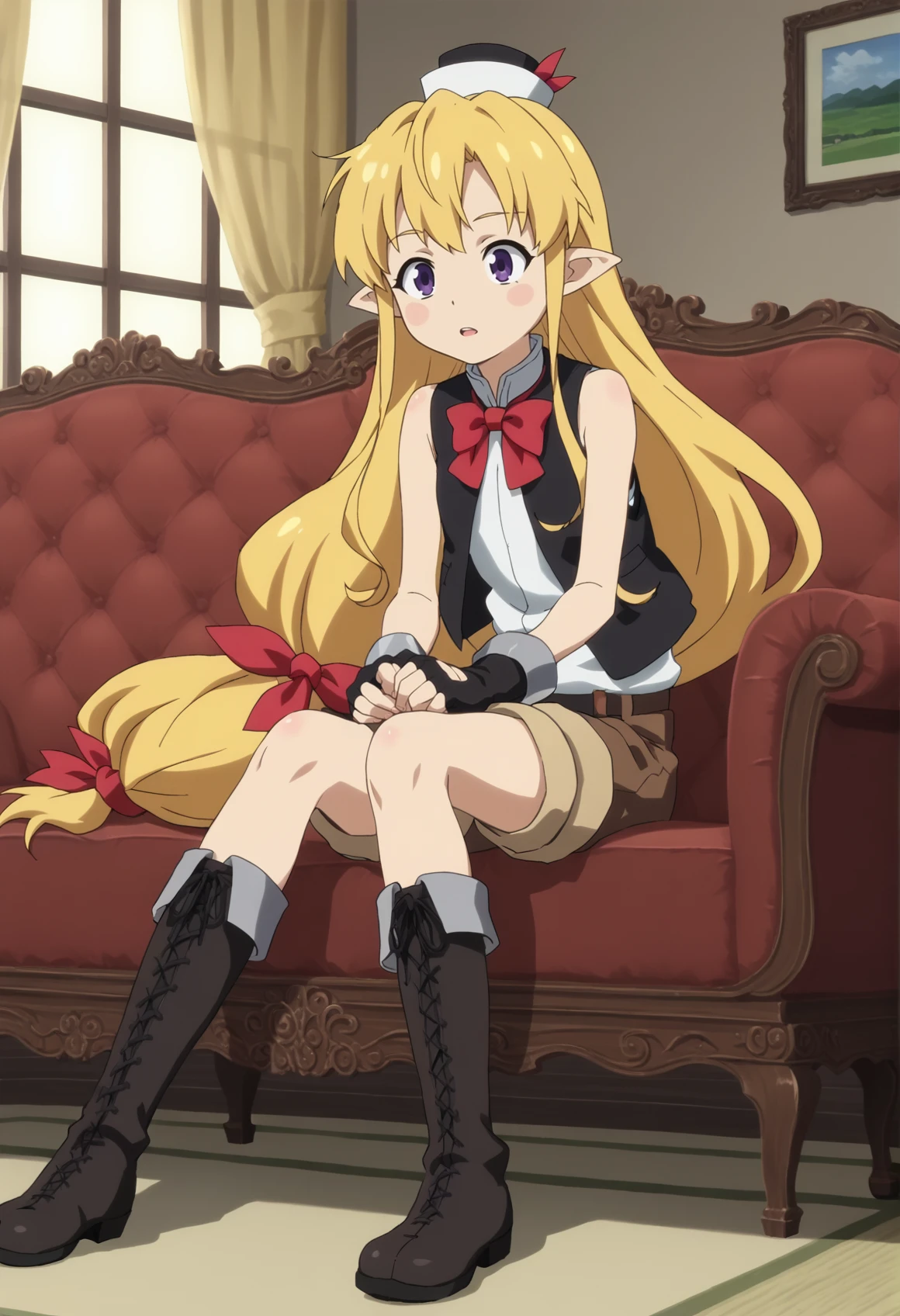 1girl, solo, pointy ears, really long hair, blonde hair, purple eyes, ribbon, vest, shorts, boots, hat, fingerless gloves, sitting, sofa, indoors, anime screencap <lora:Lisa Xl:1>, score_9, score_8_up, score_7_up, score_6_up, score_5_up, score_4_up, BREAK source_anime, masterpiece