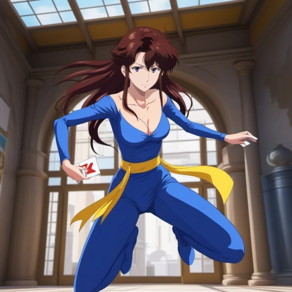 anime artwork a full body woman dressed in blue and a yellow ribbon belt in a museum throws a small white card <lora:Catseye1024-000210:0.8> . anime style, key visual, vibrant, studio anime, highly detailed