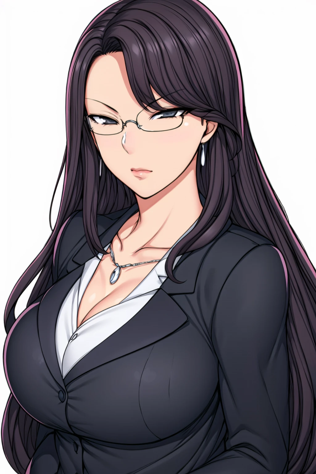 Simple White Background,
dynamic pose,standing at attention,
Black jacket,business suit, office lady, collarbone, cleavage, 
<lora:Waki_Asaoka_SaiminSeishidou-KK77-V1:0.6>,gem, necklace, jewelry, earrings, glasses, 
black eyes, black hair,bangs,long hair, 
<lora:Oda_Non_Style-KK77-V2:0.3>,<lora:Reika_Kurashiki_SaiminSeishidou-KK77-V2:0.4>,<lora:more_details:0.3>,
1 girl, 20yo,Young female,Beautiful long legs,Beautiful body,
Beautiful Nose,Beautiful character design, perfect eyes, perfect face,expressive eyes,perfect balance,
looking at viewer,(Focus on her face),closed mouth, (innocent_big_eyes:1.0),(Light_Smile:0.5),
official art,extremely detailed CG unity 8k wallpaper, perfect lighting,Colorful, Bright_Front_face_Lighting,White skin,
(masterpiece:1.0),(best_quality:1.0), ultra high res,4K,ultra-detailed,
photography, 8K, HDR, highres, absurdres:1.2, Kodak portra 400, film grain, blurry background, bokeh:1.2, lens flare, (vibrant_color:1.2),professional photograph,
(Beautiful,large_Breasts:1.6), (beautiful_face:1.5),(narrow_waist),