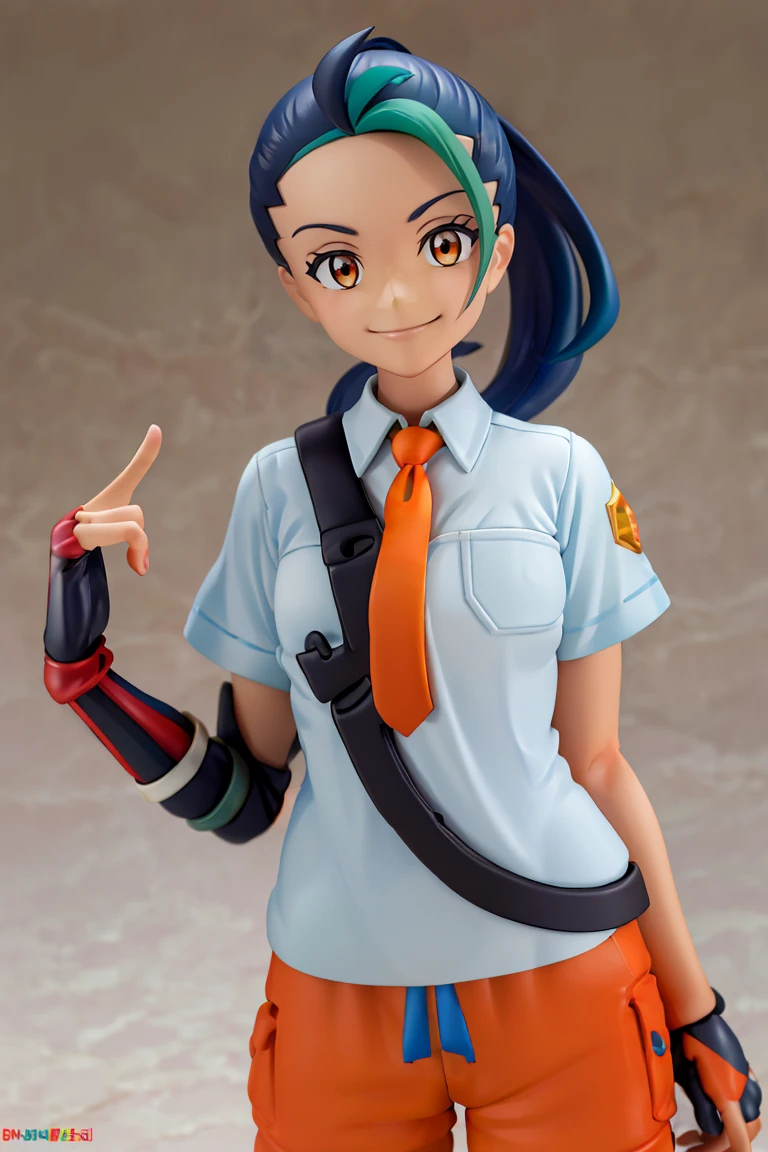 <lora:Anime_Figure:1>, figure, ((masterpiece,best quality)), absurdres, <lora:Nemona_Pokemon:0.8>, Nemona_Pokemon,  black hair, green hair, orange eyes, dark skin, multicolored hair, two-tone hair, hair pulled back, collared shirt, fingerless gloves, orange shorts,  solo, smiling, looking at viewer, cowboy shot,