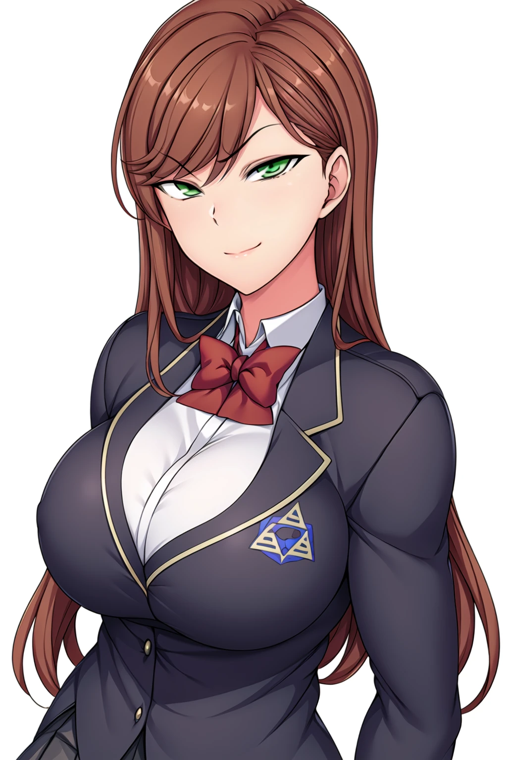 Simple White Background,
dynamic pose,standing at attention,
school_uniform,Blue_jacket,red_bowtie, pleated_skirt,thighhighs,black legwear,long sleeves,
<lora:Shouko_Kijima_SaiminSeishidou-KK77-V1:0.7>,
Green eyes, Brown hair,bangs,Long hair,
<lora:Oda_Non_Style-KK77-V2:0.2>,
<lora:Reina_Kurashiki_SaiminSeishidou-KK77-V3:0.2>,
<lora:SaiminSeishidou_Lesson_Style-KK77-V1:0.2>,
<lora:more_details:0.1>,
1 girl, 20yo,Young female,Beautiful long legs,Beautiful body,
Beautiful Nose,Beautiful character design, perfect eyes, perfect face,expressive eyes,perfect balance,
looking at viewer,(Focus on her face),closed mouth, (Evil_Smile:1.3),
official art,extremely detailed CG unity 8k wallpaper, perfect lighting,Colorful, Bright_Front_face_Lighting,White skin,
(masterpiece:1.0),(best_quality:1.0), ultra high res,4K,ultra-detailed,
photography, 8K, HDR, highres, absurdres:1.2, Kodak portra 400, film grain, blurry background, bokeh:1.2, lens flare, (vibrant_color:1.2),professional photograph,
(Beautiful,large_Breasts:1.4), (beautiful_face:1.5),(narrow_waist),