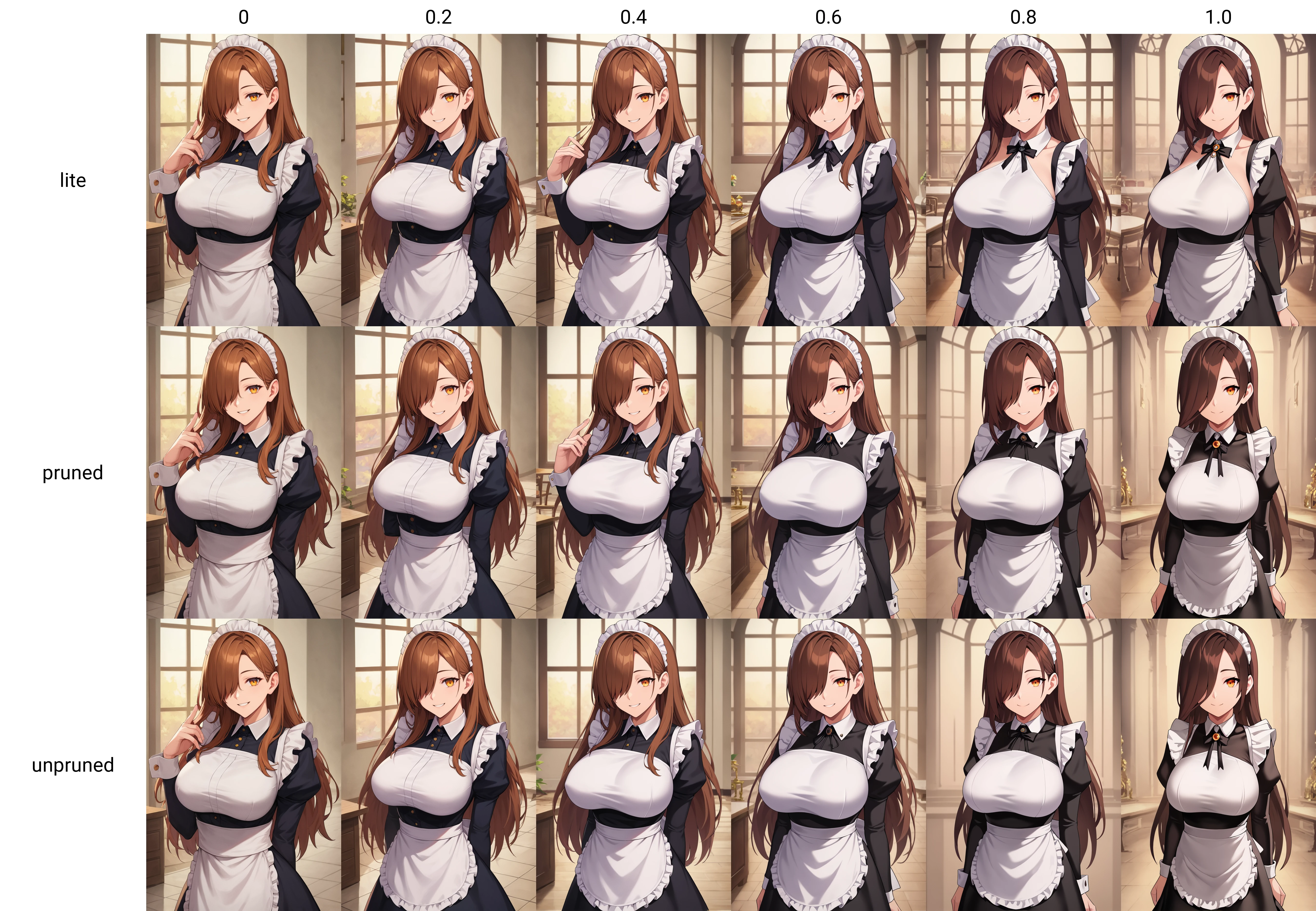 score_9, 
<lora:grimgrim_v1_lite:0>, 
large breasts, 
maid, smile, 
long hair, brown hair, amber eyes, hair over one eye, 
cowboy shot, looking at viewer, 
rating_safe, 
high resolution, Masterpiece