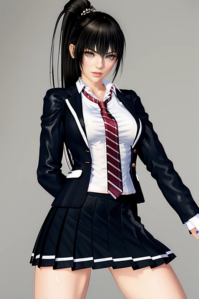 Pretty nerdy Chinese girl, detailed face and eyes, looking at viewer, masterpiece, best quality, shallow depth of field, 8K HDR, huge breasts, 85mm photo, shallow depth of field, tack sharp, (1girl:1.9), 18 years old, , black hair, tanned skin, short ponytail, 4’9” height, (wearing a white button up school blouse a black blazer and a black pleated skirt:1.3), showing abs, chiselled abs, (shredded 8-pack abs:1.7), abs of steel, shredded abdominal muscle, cut lower obliques, washboard abs, (slim body:1.2), gorgeous, standing in the park, wearing make up, (beautiful feminine face:1.8)
