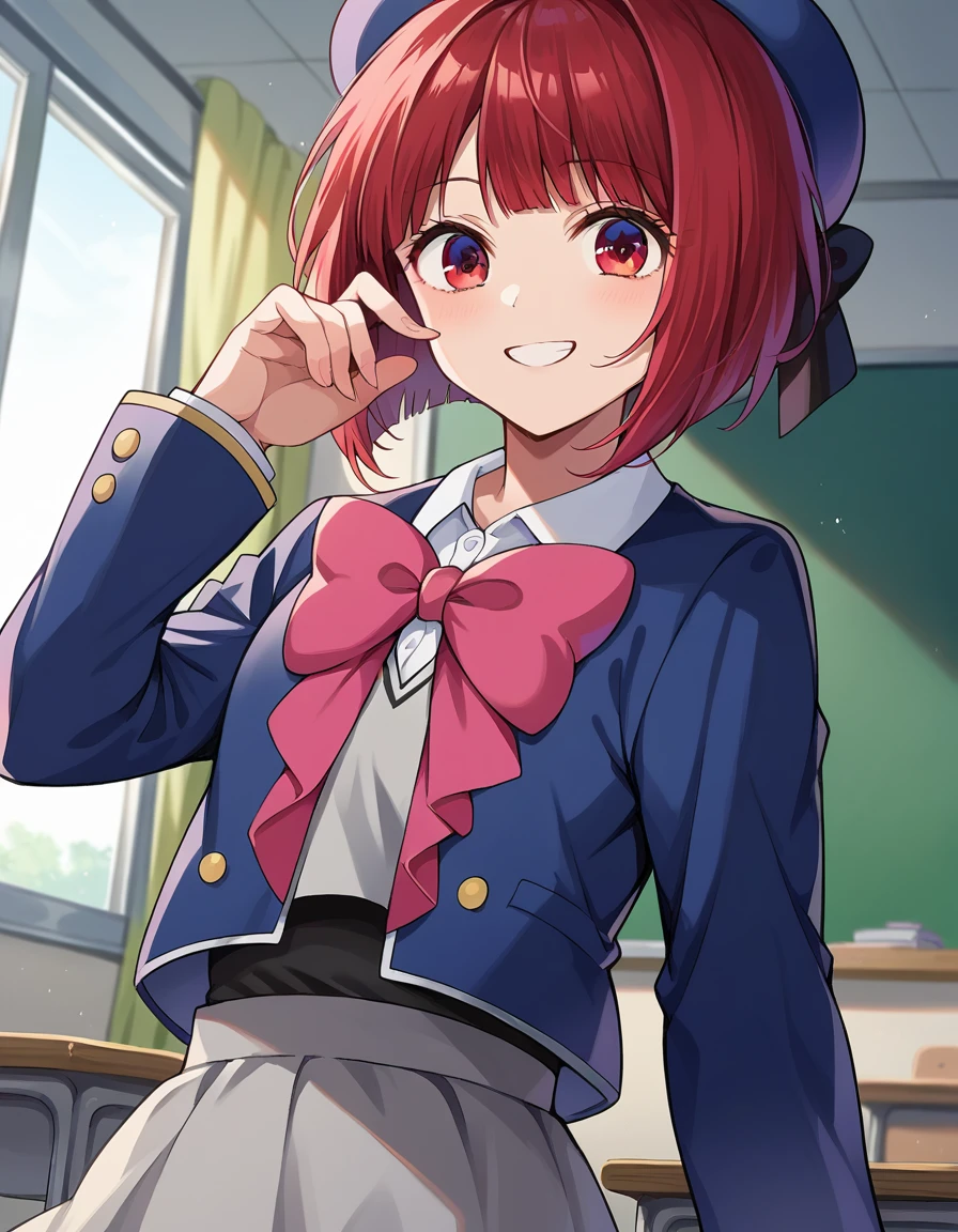 score_9, score_8_up, score_7_up, source_anime,
kanaarima, <lora:kanna-arima-ponyxl-lora-nochekaiser:1>,
kana arima, short hair, bangs, red eyes, red hair, bob cut, smile,
skirt, long sleeves, hat, bow, school uniform, jacket, pink bow, grey skirt, blue headwear,
indoors, classroom,
looking at viewer, cowboy shot, dutch angle,