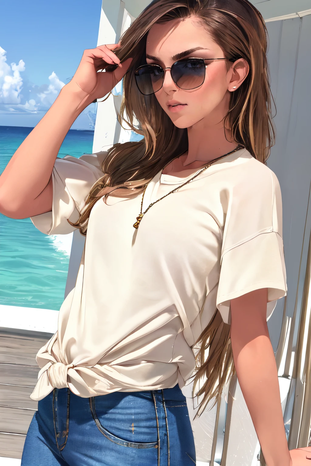 beautiful eyes, beautiful girl, high detail skin, high detail eyes, high detail hair, highres, ultra detailed, sharpen picture, Highly detailed, masterpiece, best quality, photorealistic,
 <lora:Anllela SagraLora:0.8>realistic, 1girl, long hair, brown hair, toned, long pullover with short sleeves:1.2, pants, beach, dark sunglasses, sexy pose