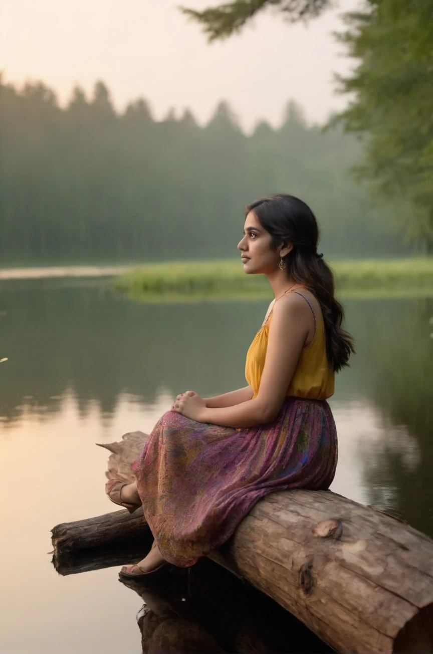 tv_Generic_25yo_Pakistani, , calm expression, wearing a colorful sundress, sitting on a log at a misty forest pond, golden hour, shot from the side, , 8k resolution, highres, high detail, sharp focus, , 8k uhd,