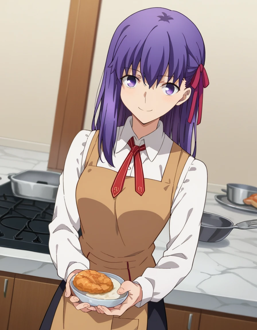 score_9, score_8_up, score_7_up, source_anime,
sakuramatou, <lora:sakura-matou-hf-ponyxl-lora-nochekaiser:1>,
sakura matou, long hair, purple eyes, purple hair, ribbon, hair ribbon, red ribbon, smile,
shirt, white shirt, collared shirt, long sleeves, neckertie, red neckertie, vest, light brown vest, skirt, black skirt, apron,
indoors, kitchen, food, cooking,
looking at viewer, dutch angle, cowboy shot,