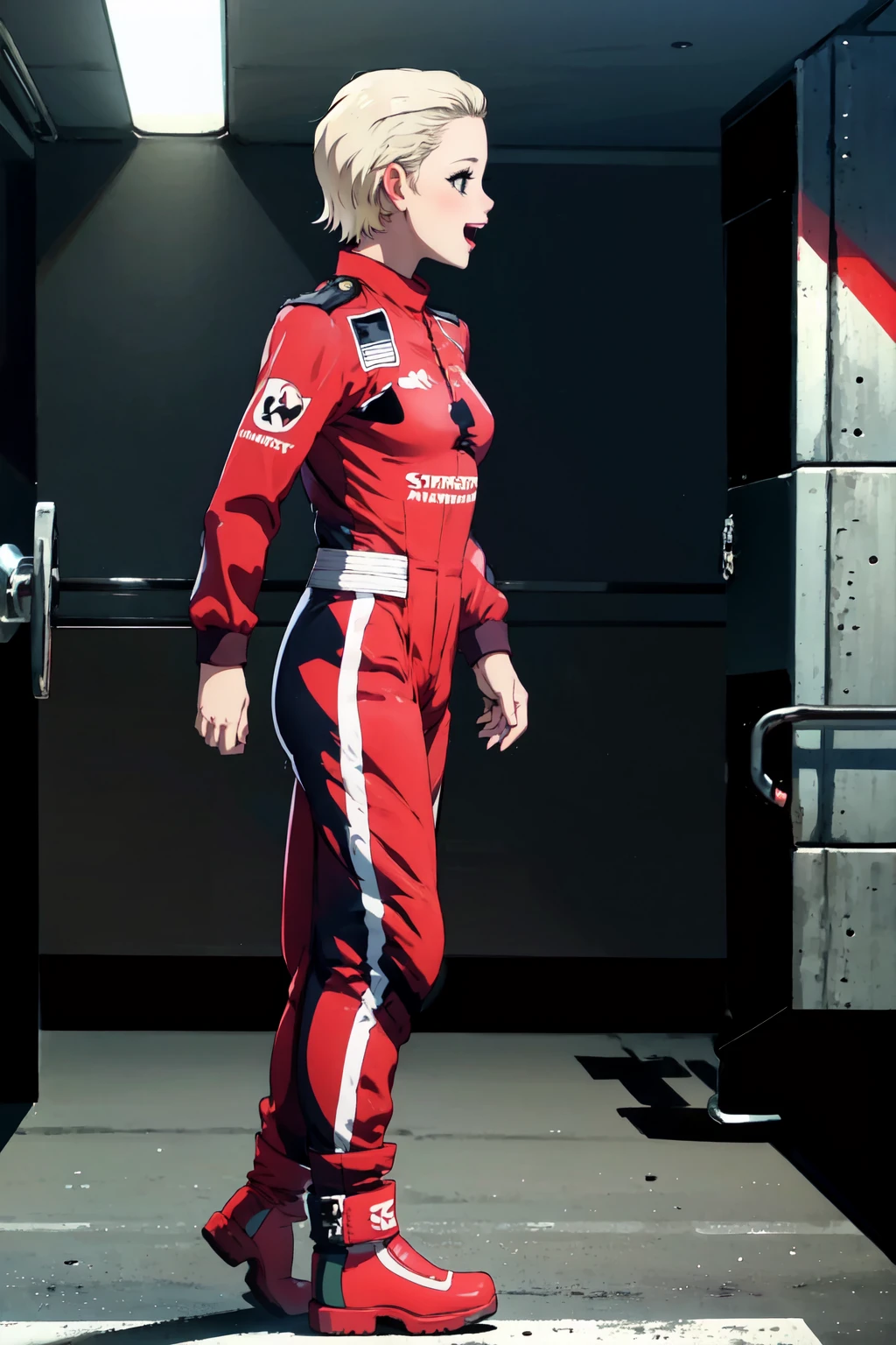 masterpiece,best quality,1girl,sierraknox, <lora:SierraKnox15:0.9>,small breasts,uniform,bodysuit,red clothes,pants,boots,standing,from side,full body,happy,:d,in concrete garage,indoors, <lora:LORA-XenoDetailer-v2:0.1>