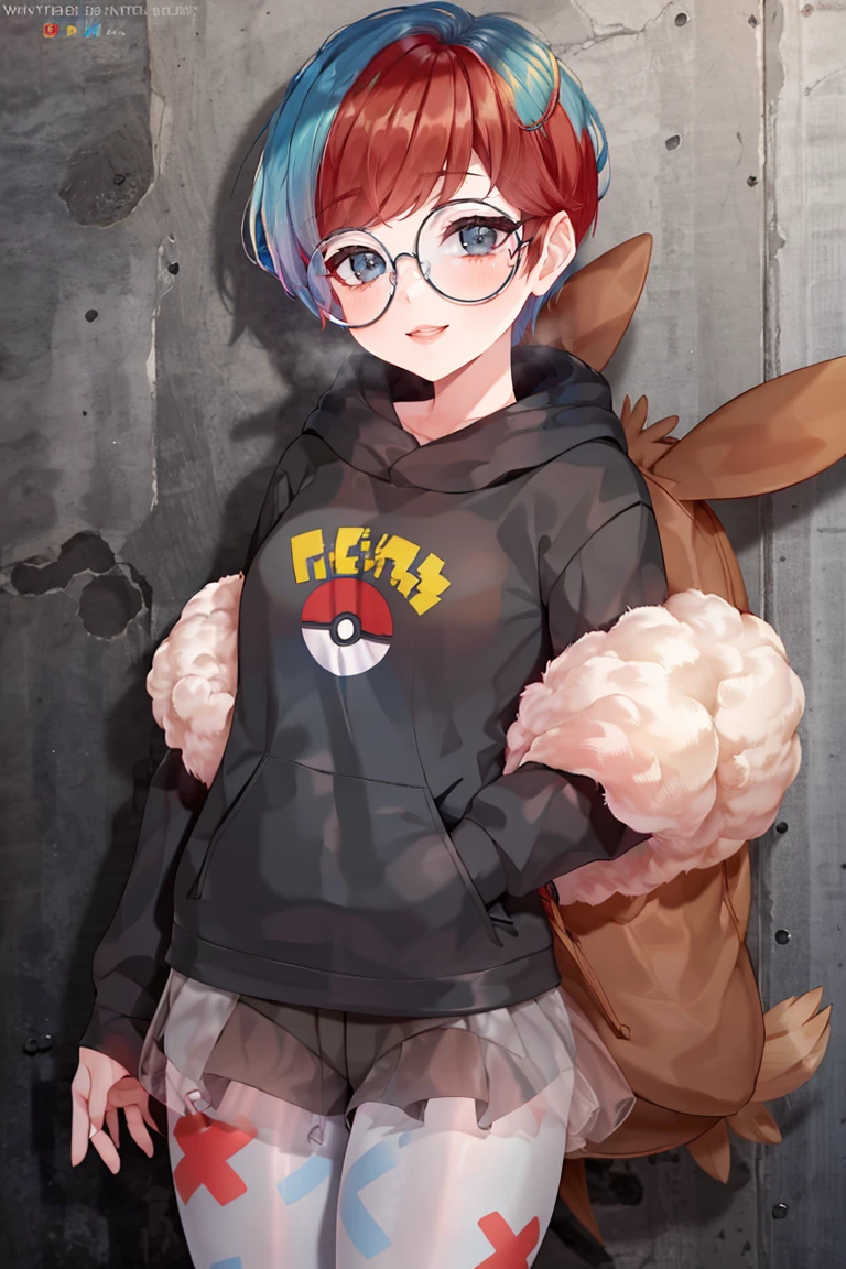 <lora:Puppypaww_Style:0.8>,((masterpiece,best quality)), absurdres, <lora:Penny_Pokemon:0.8>, Penny_Pokemon,  1girl, solo, multicolored hair, two-tone hair, red hair, blue hair, grey eyes,  round eyewear, black hoodie, short shorts, grey pantyhose,  see-through skirt, backpack,  smiling, looking at viewer, cowboy shot,