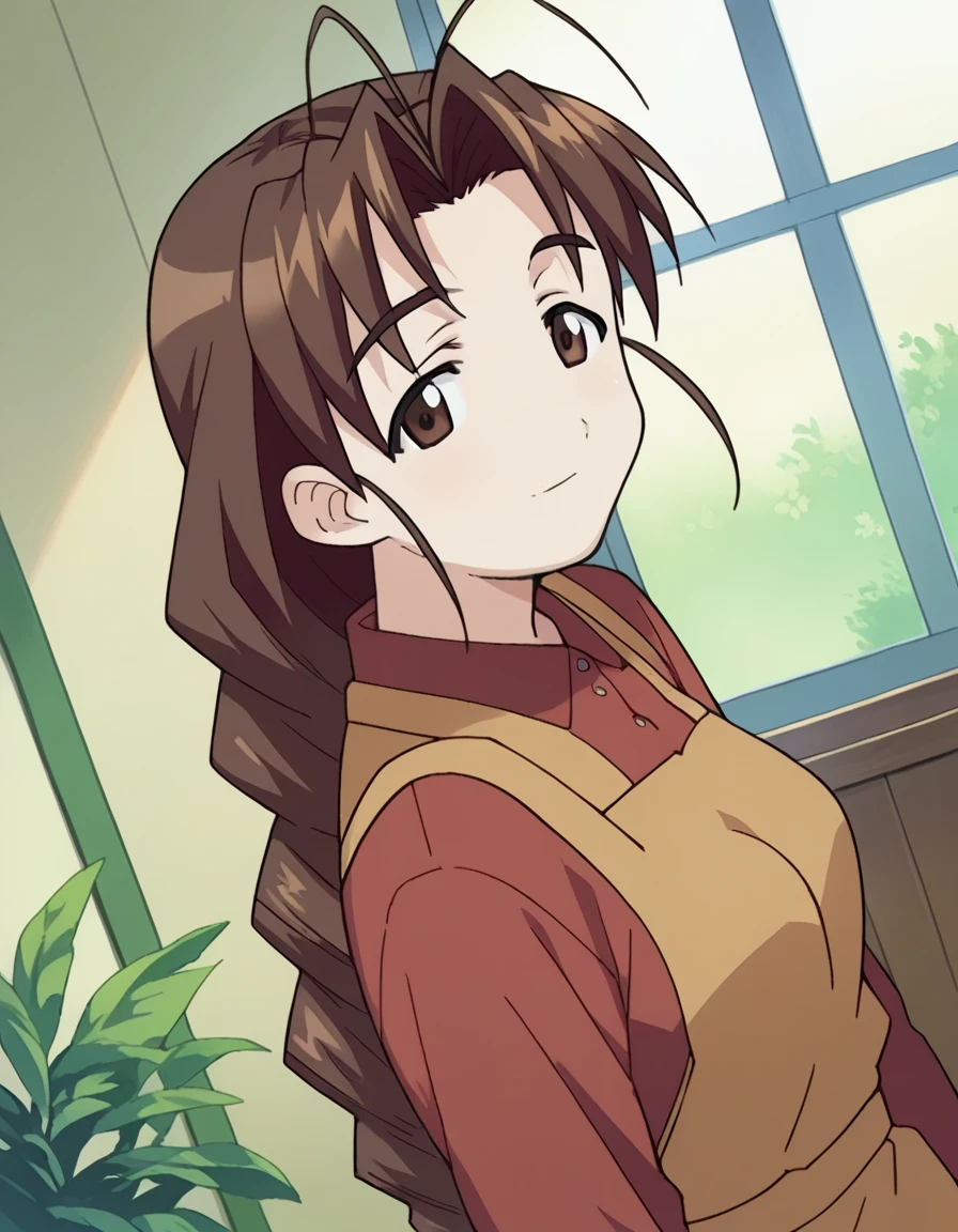 score_9, score_8_up, score_7_up, source_anime,
mutsumiotohime, <lora:mutsumi-otohime-ponyxl-lora-nochekaiser:1>,
mutsumi otohime, long hair, brown hair, brown eyes, antenna hair, braid, single braid, braided ponytail, smile,
shirt, long sleeves, apron,
indoors,
looking at viewer, dutch angle, cowboy shot,