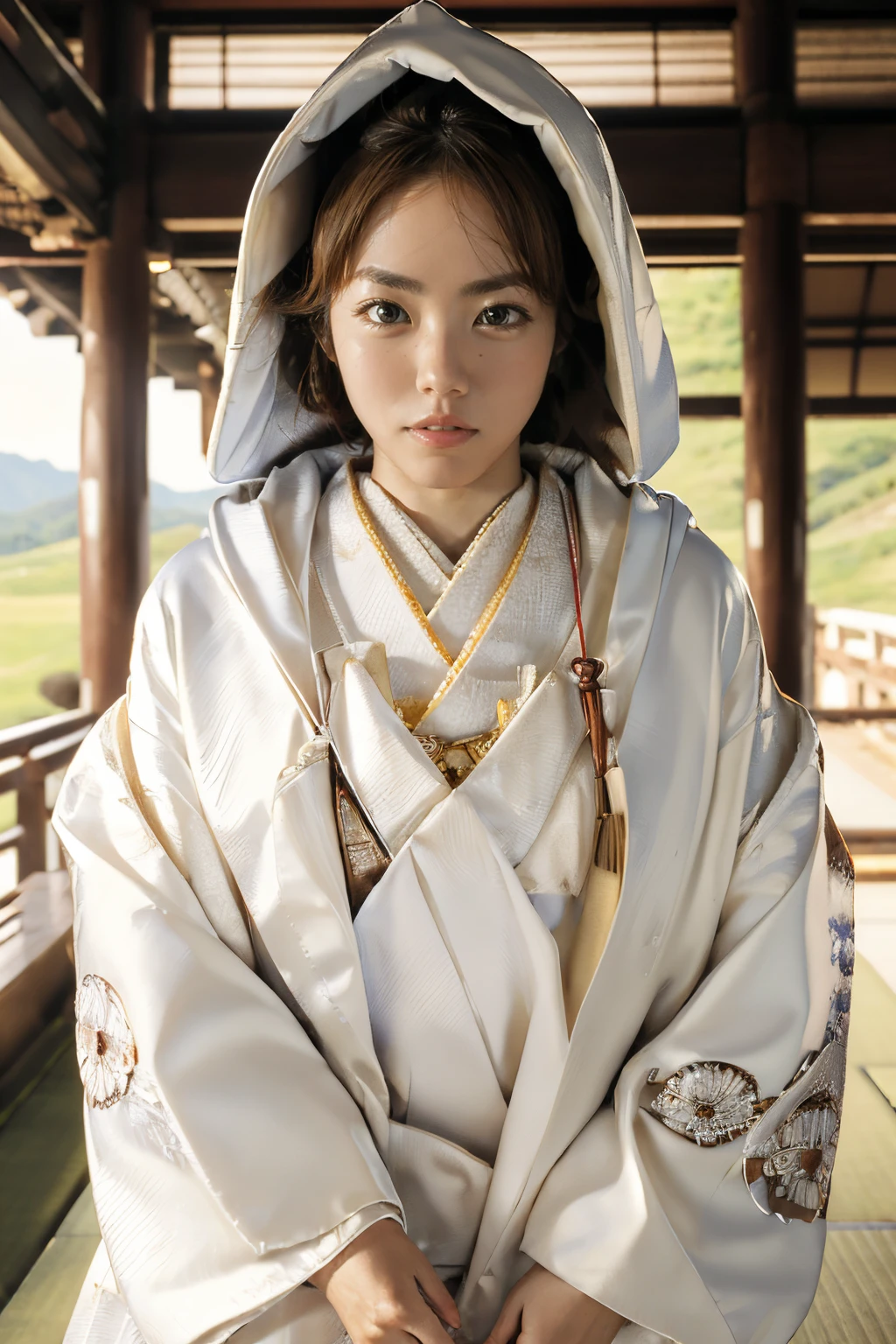 (Best Quality, Masterpiece:1.4), (Realism:1.2), (Realisitc:1.2), (Absurdres:1.2), (photorealistic:1.3), 1girl,Realistic Skin,Solo,( Very Big Eyes,beautiful detailed eyes, symmetric eyes), ((cowboy shot)), shiromuku, luxury, white kimono, hood, head down, night, Kamidana
<lora:shiromuku3:0.9>
<lora:SayakaIsoyama2lora:1>