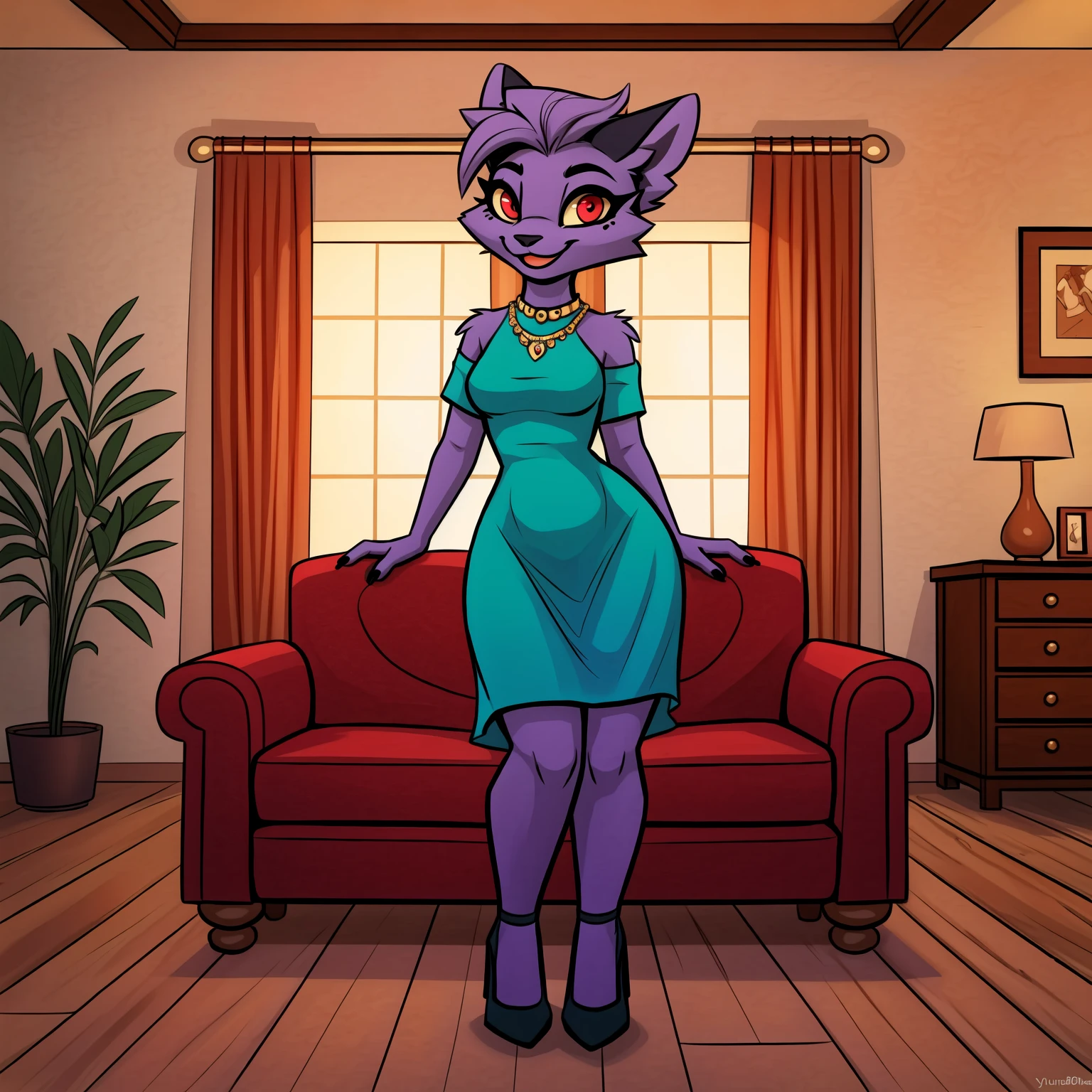 (high quality, high res, 4k:1.3), (by yurusa, by retros, by edtropolis:0.8)
<lora:SaturnCat:0.6> saturncat, solo, furry, female, full body dress, high heels, posing for the camera, living room, fancy, mansion, looking at viewer, happy, jewlery, purple fur, black nails