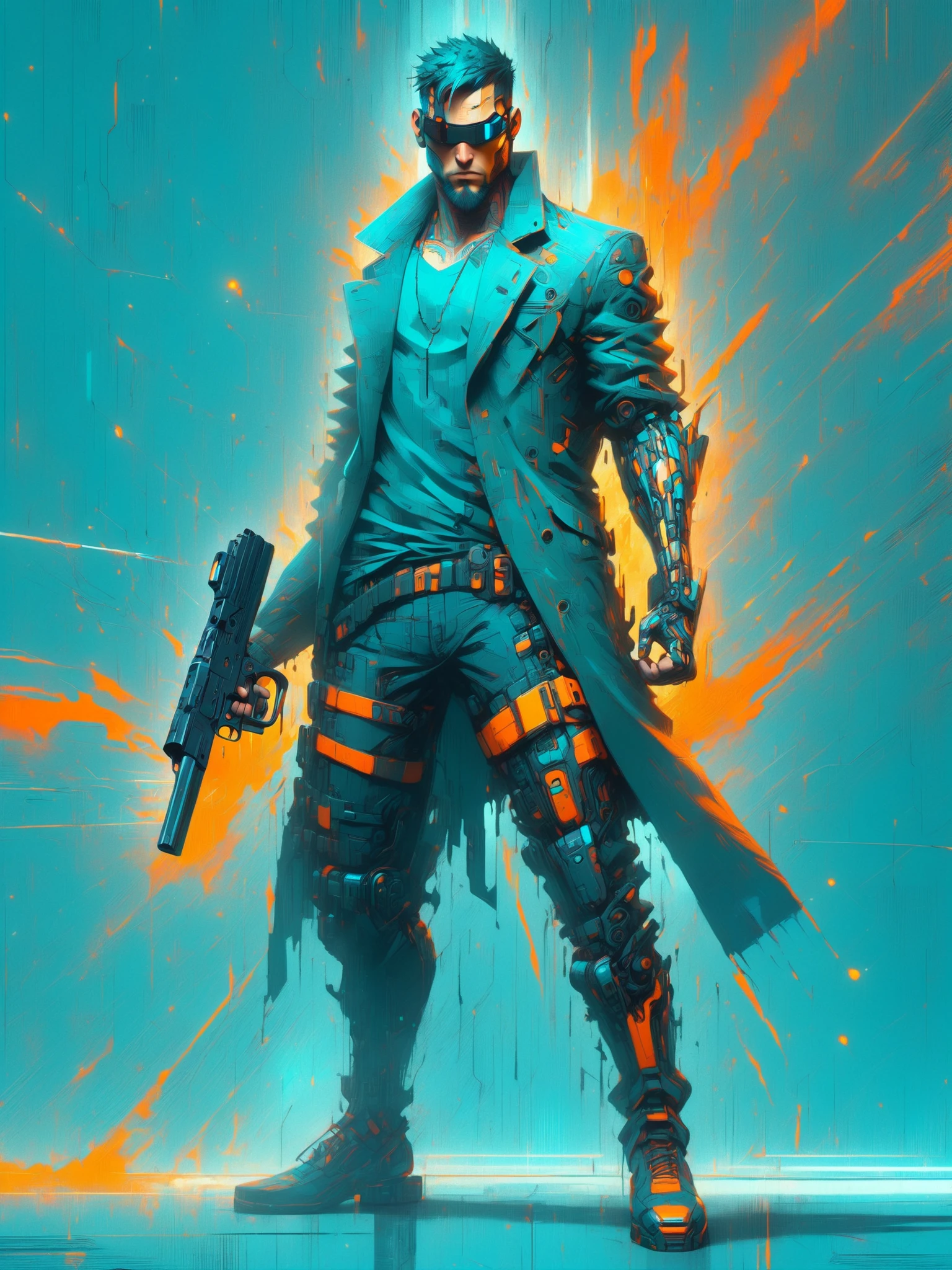 man holding gun, dynamic pose, mad-cybrpnkimprss, teal and orange, cyberpunk, impressionism, (masterpiece:1.2), best quality, (hyperdetailed, highest detailed:1.2), high resolution textures
