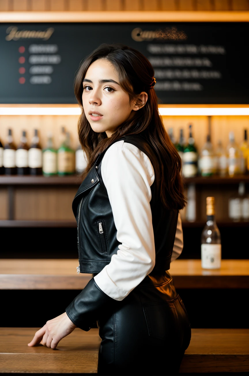 RAW phtograph, tv_Generic_25yo_Algerian, , hard expression, wearing biker boots, wearing detailed leather pants, wearing a band t-shirt, wearing a leather jacket, standing at the bar in a biker bar, shot from the side, photographed on a Canon EOS R5, 50mm lens,  F/2.8, HDR, 8k resolution, highres, high detail, sharp focus, , photography, 8k uhd,